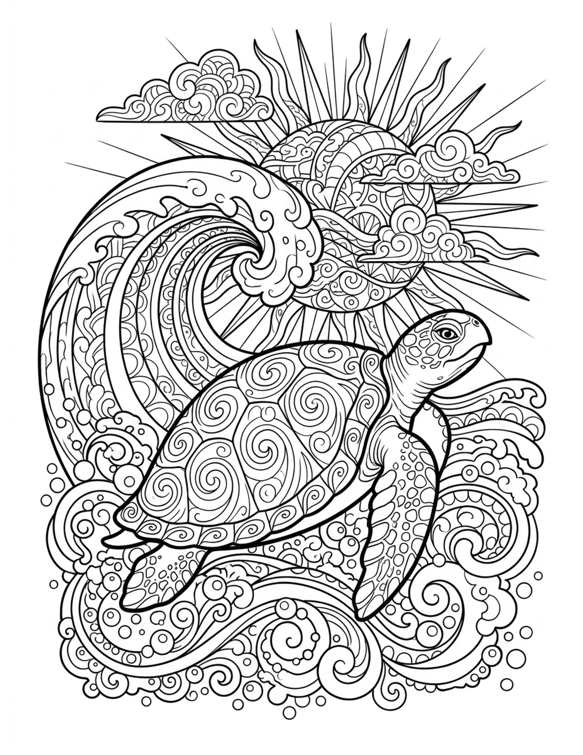 Sea Turtle Riding Ocean Waves Coloring Page