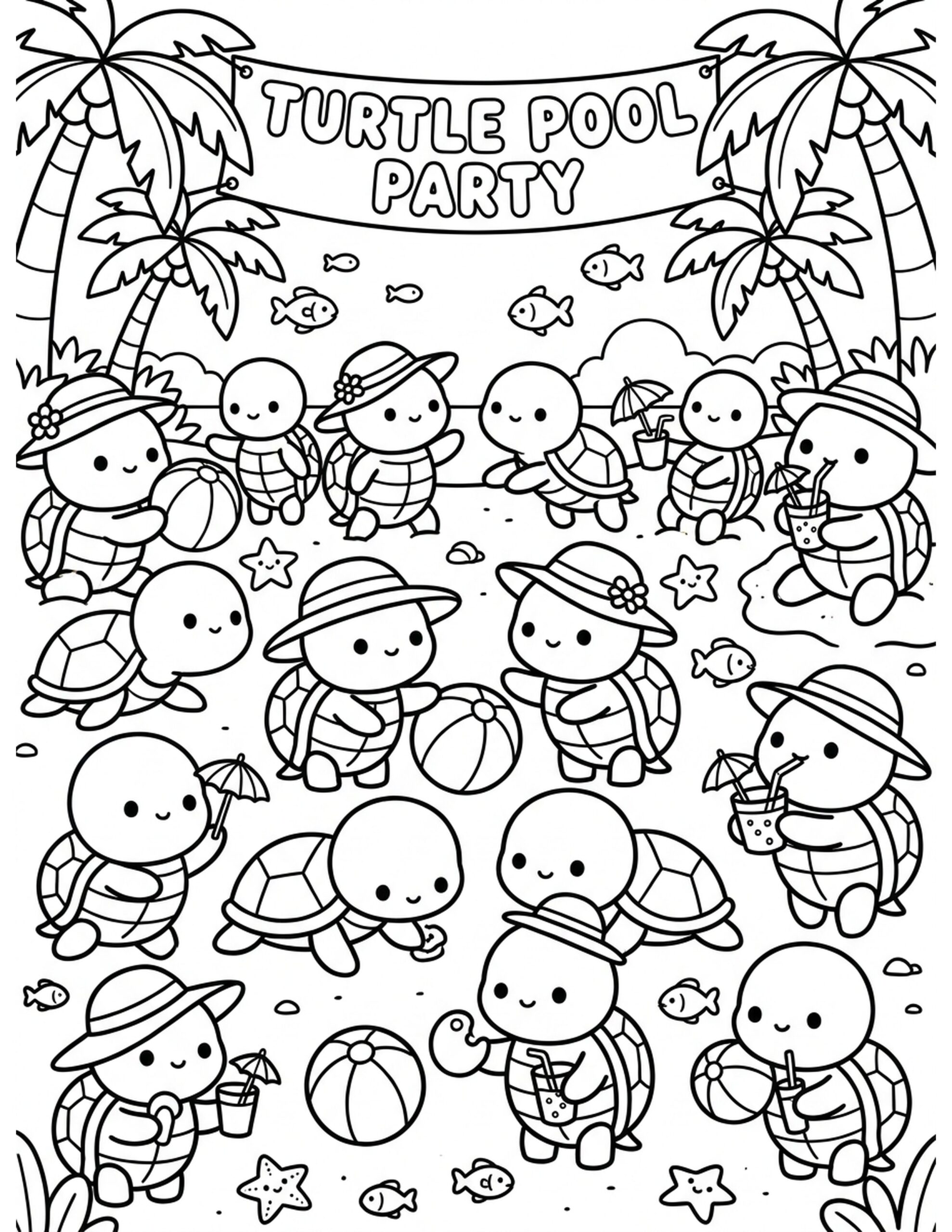 Turtle Pool Party Coloring Page