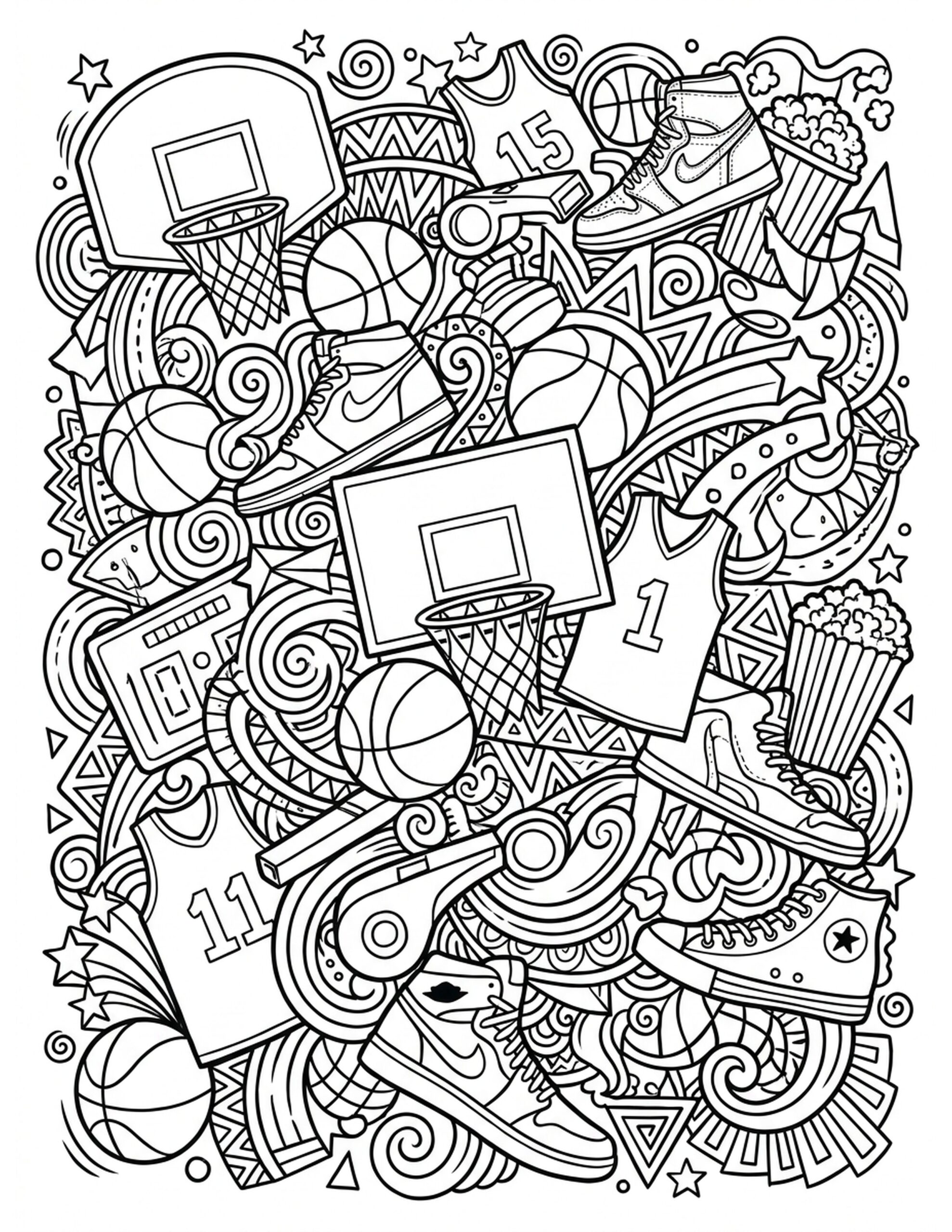 Basketball Icons Collage Coloring Page