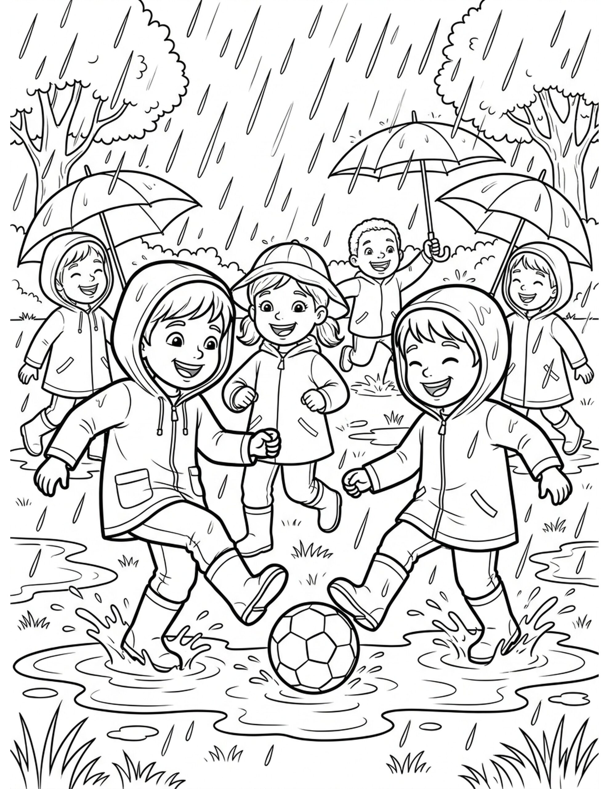 Kids Playing Soccer in the Rain Coloring Page