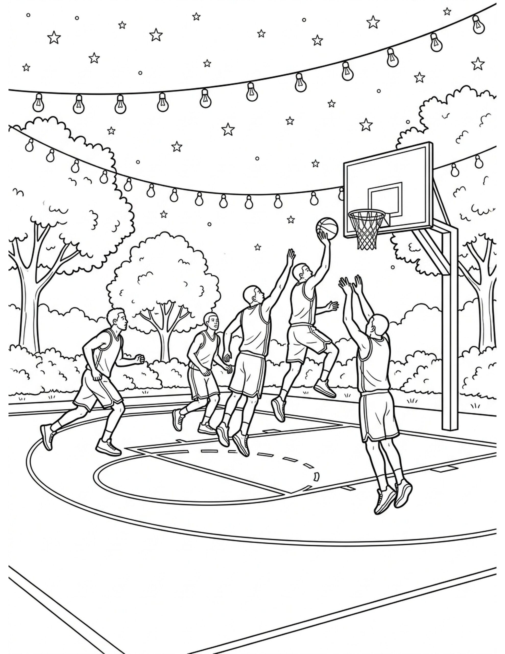 Basketball Court Under the Stars Coloring Page