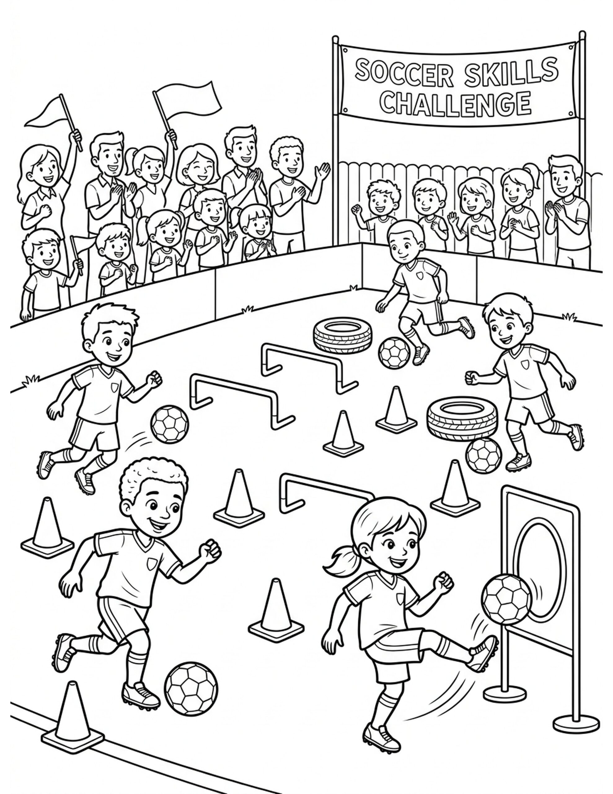 Kids Enjoying Soccer Skills Challenge Coloring Page