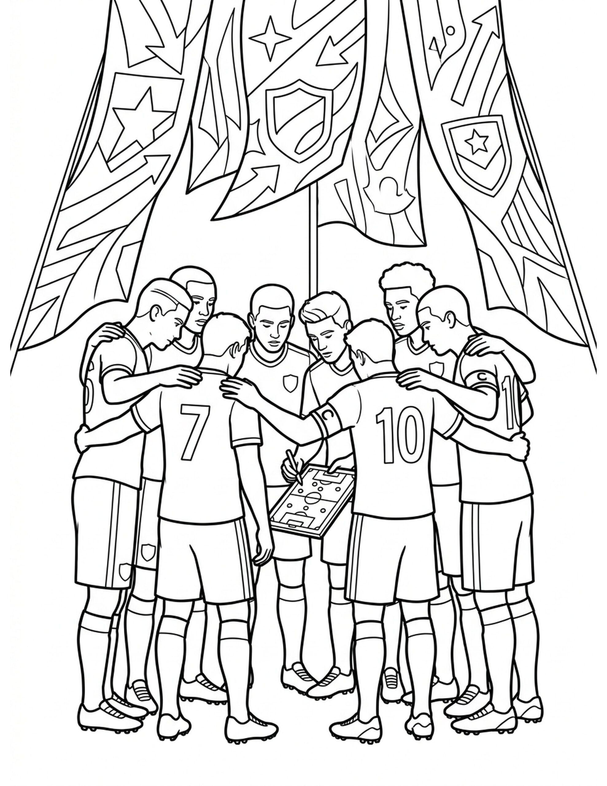 Soccer Team Huddle Coloring Page