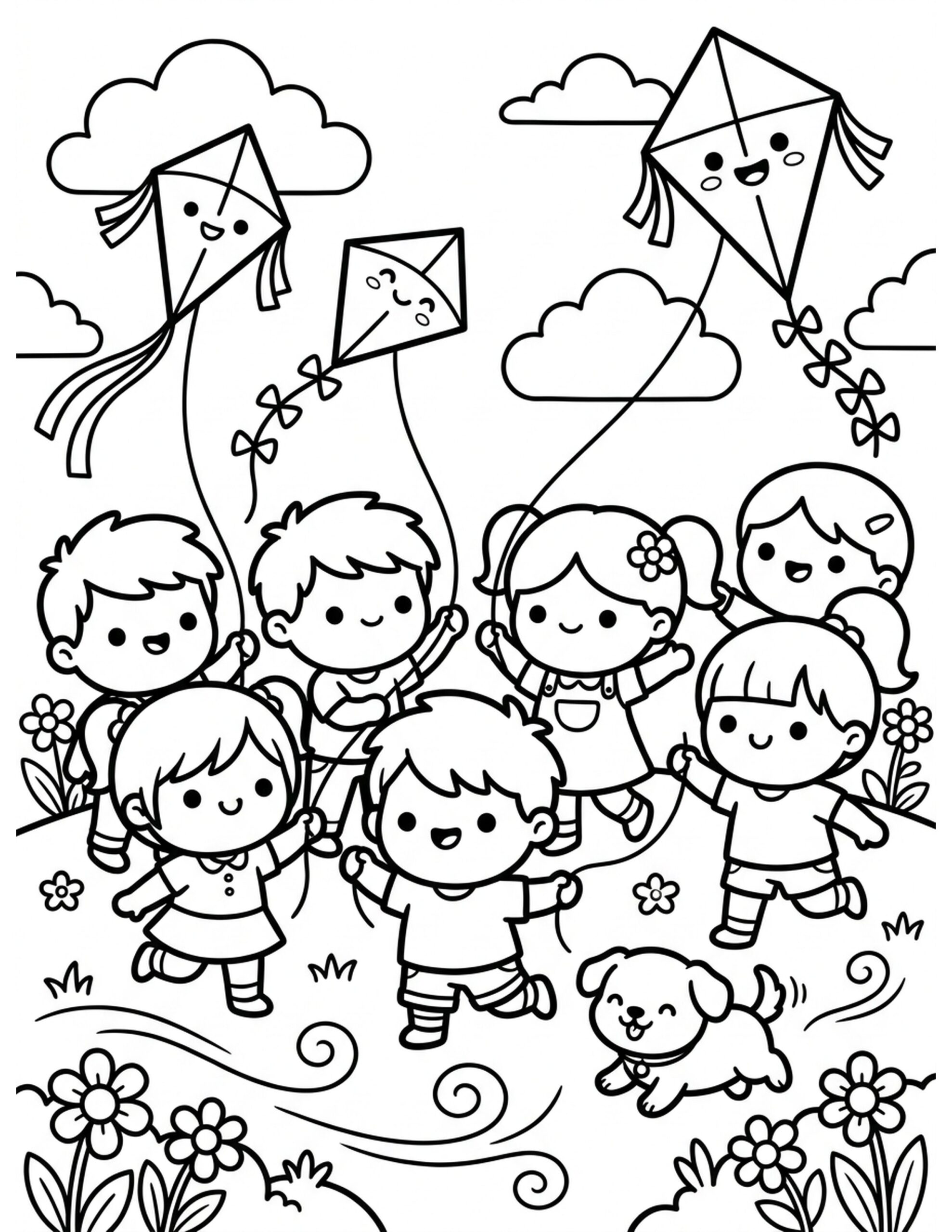 Flying Kites on a Breezy Day Coloring Page