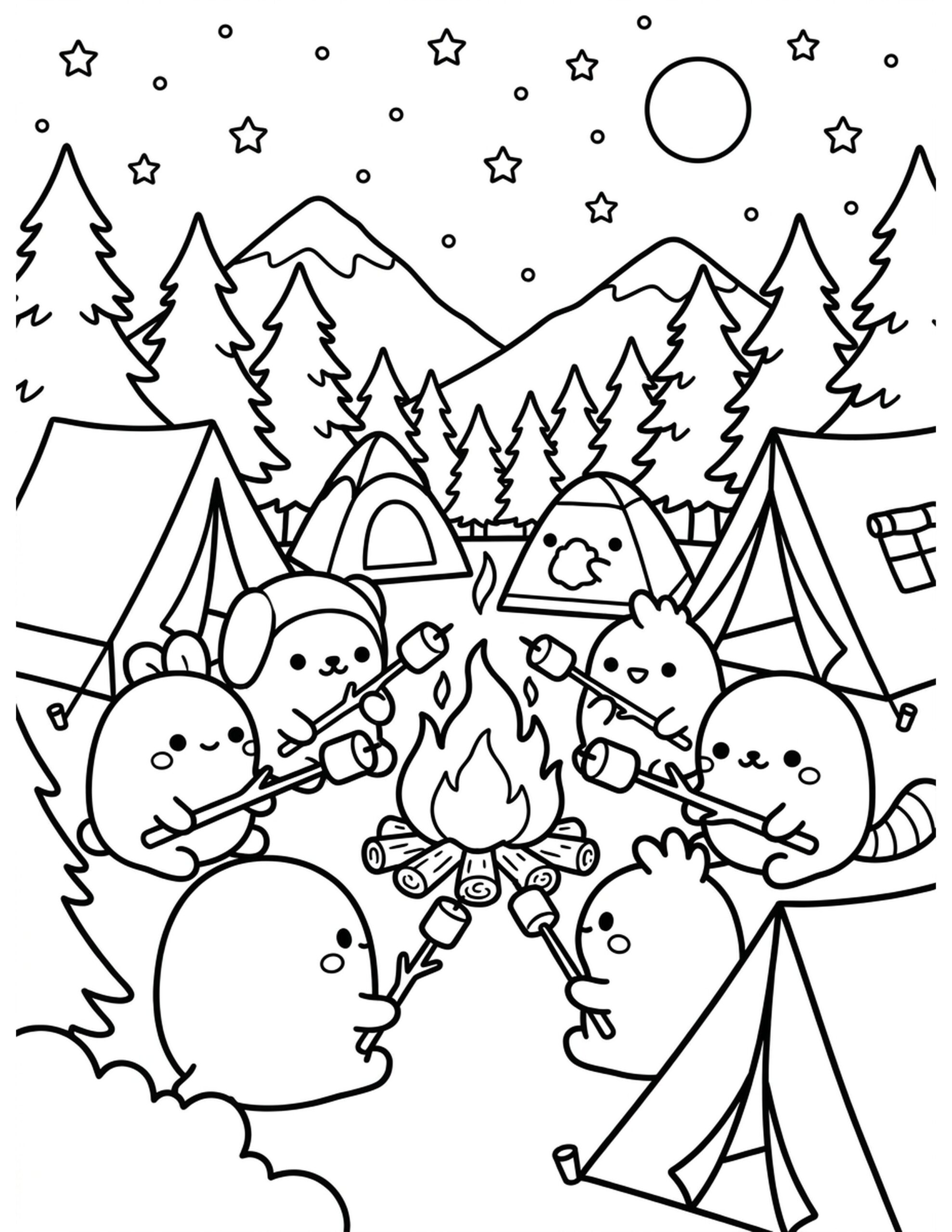 Sunset Campfire Gathering Coloring Page