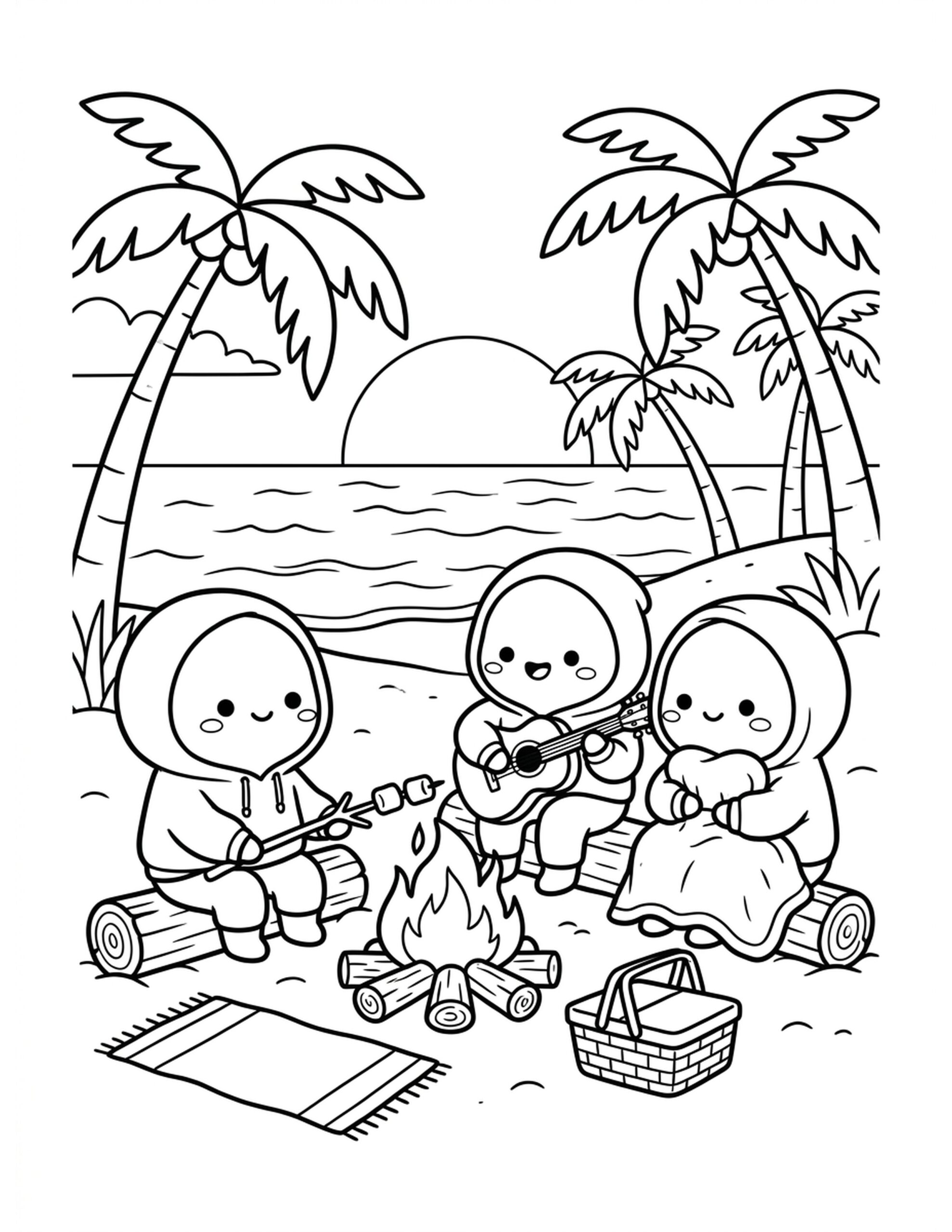 Beach Sunset Bonfire Coloring Page