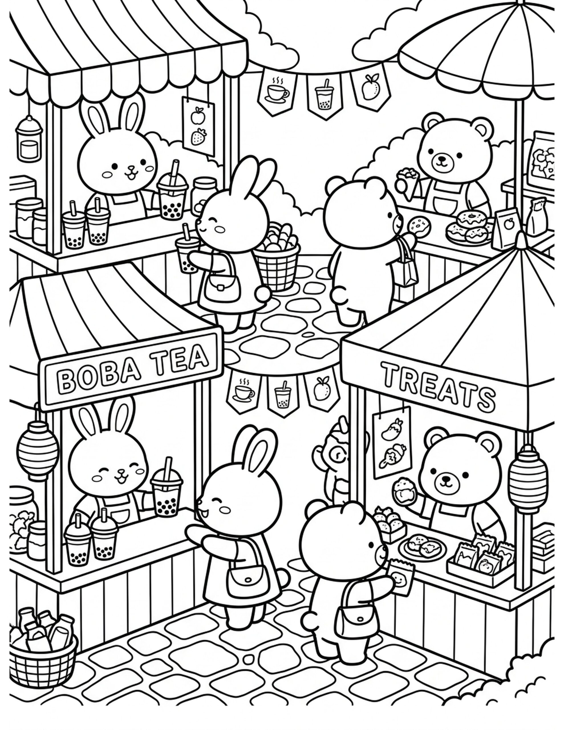 Boba Tea Market Day Coloring Page
