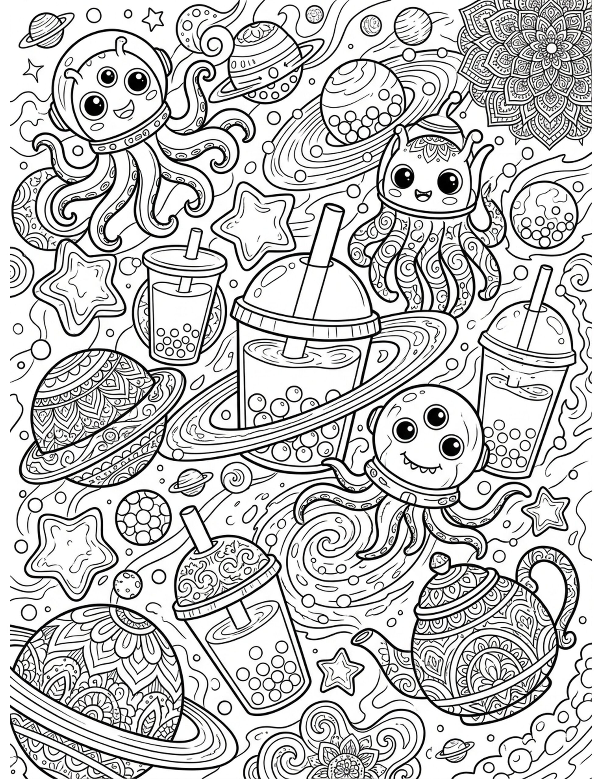 Space Boba Tea Adventure Coloring Page