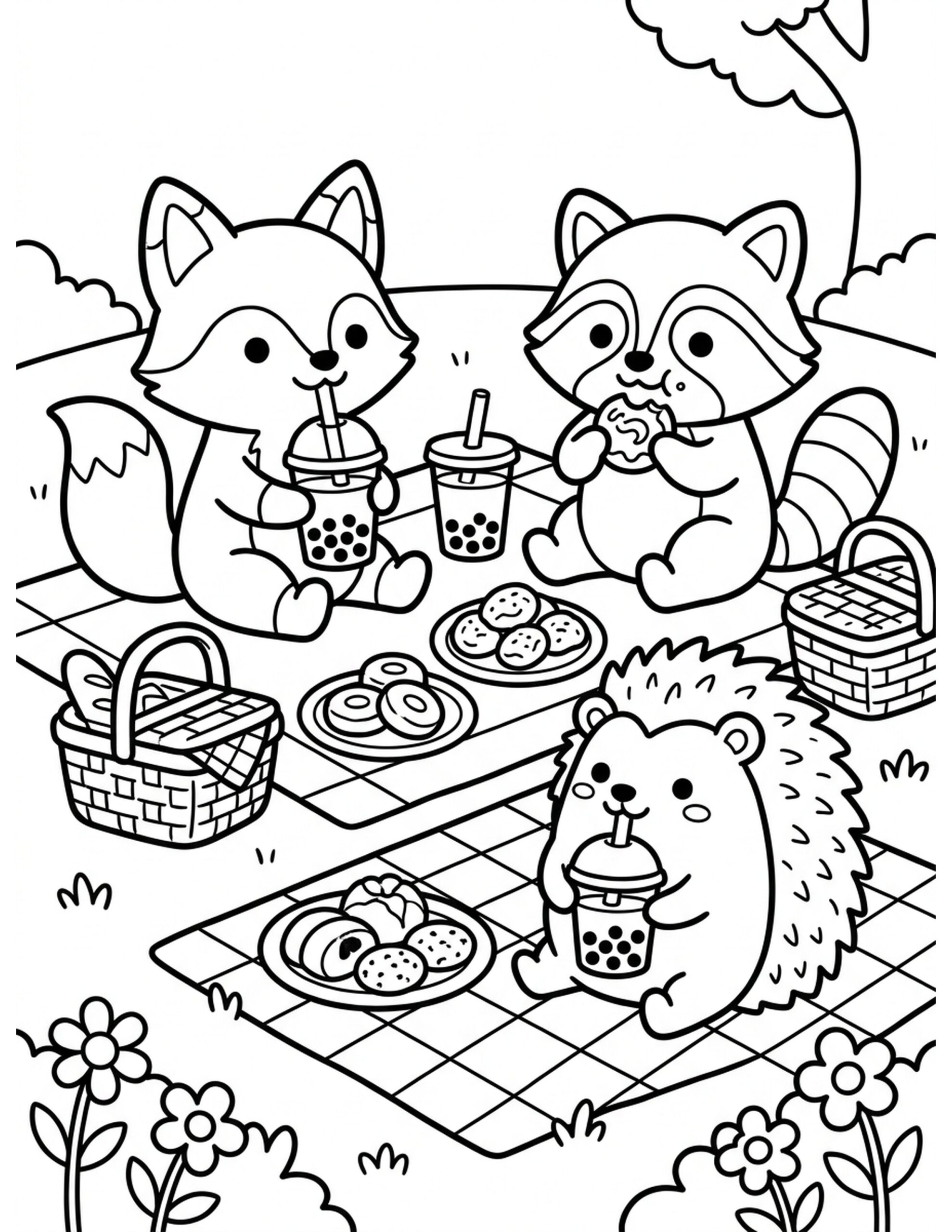 Boba Tea Friends Picnic Coloring Page