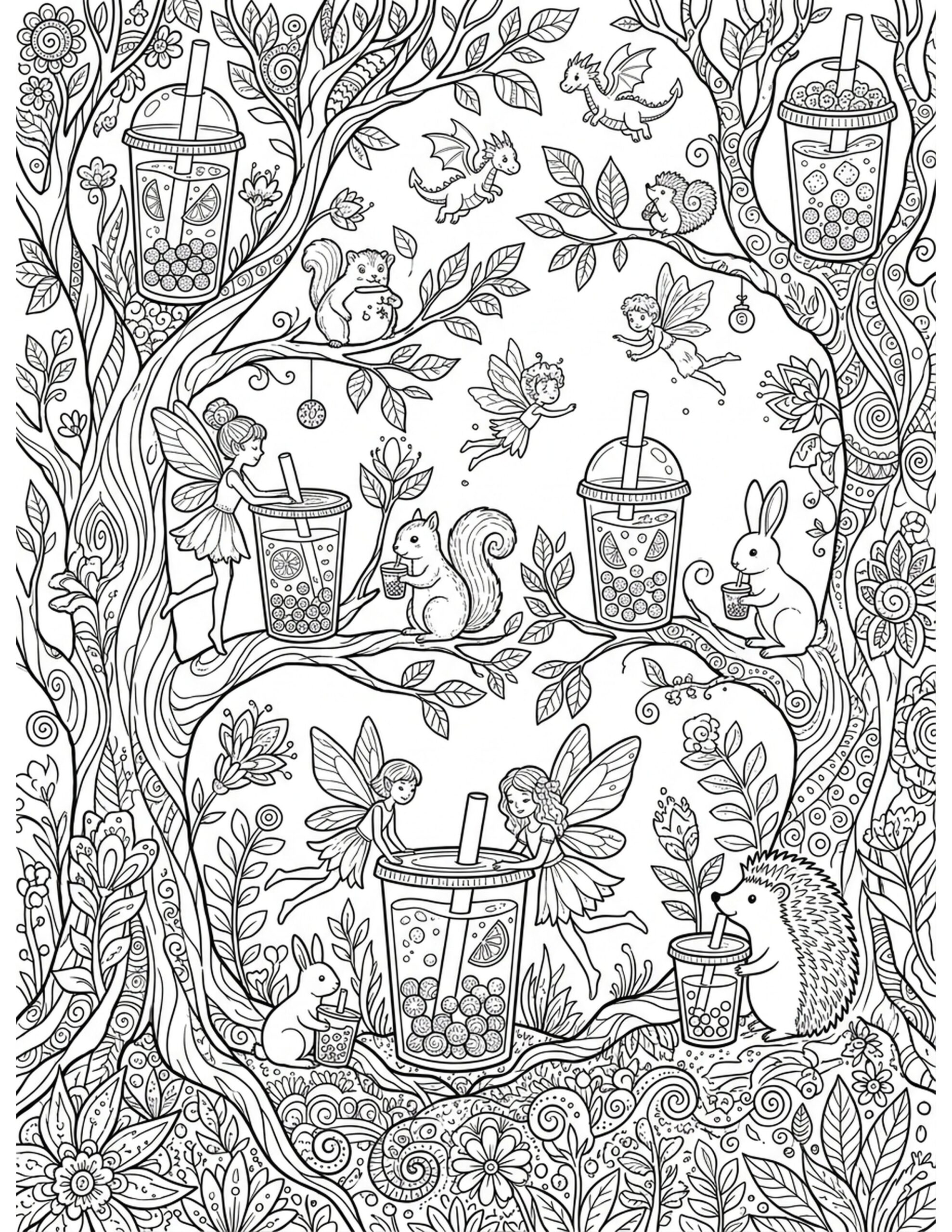 Magical Boba Tea Forest Coloring Page