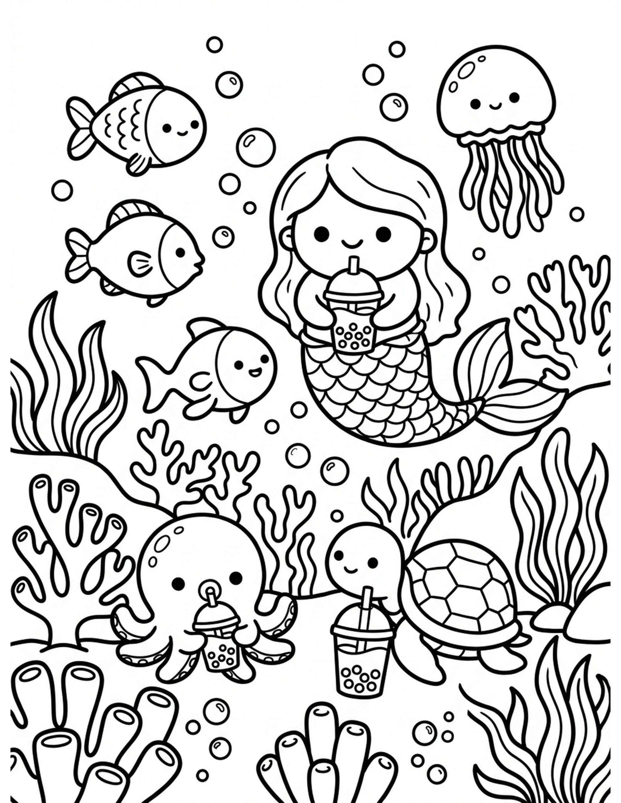 Underwater Boba Tea Party Coloring Page