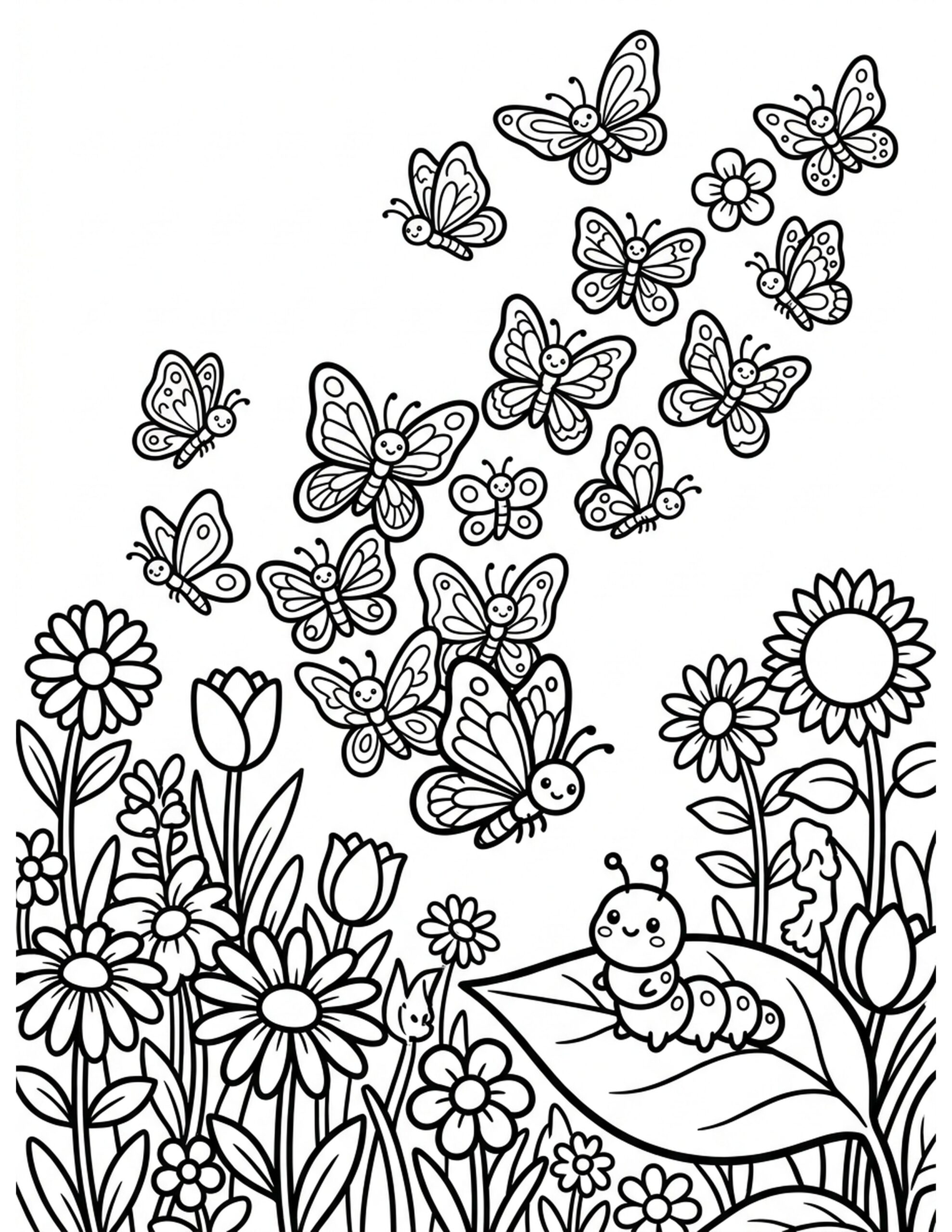 Butterfly Parade Over Wildflowers Coloring Page