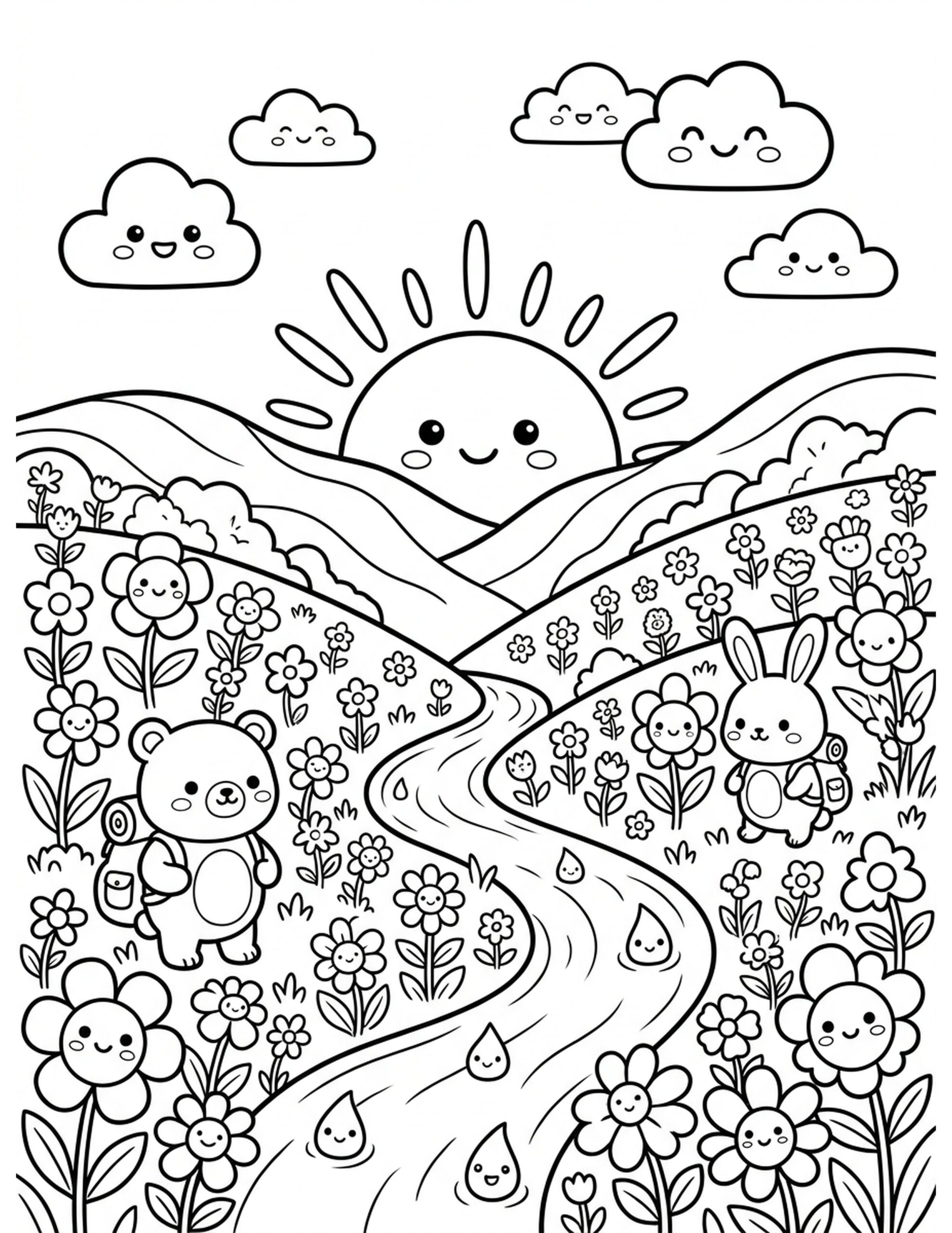 Sunrise Over Wildflower Hills Coloring Page