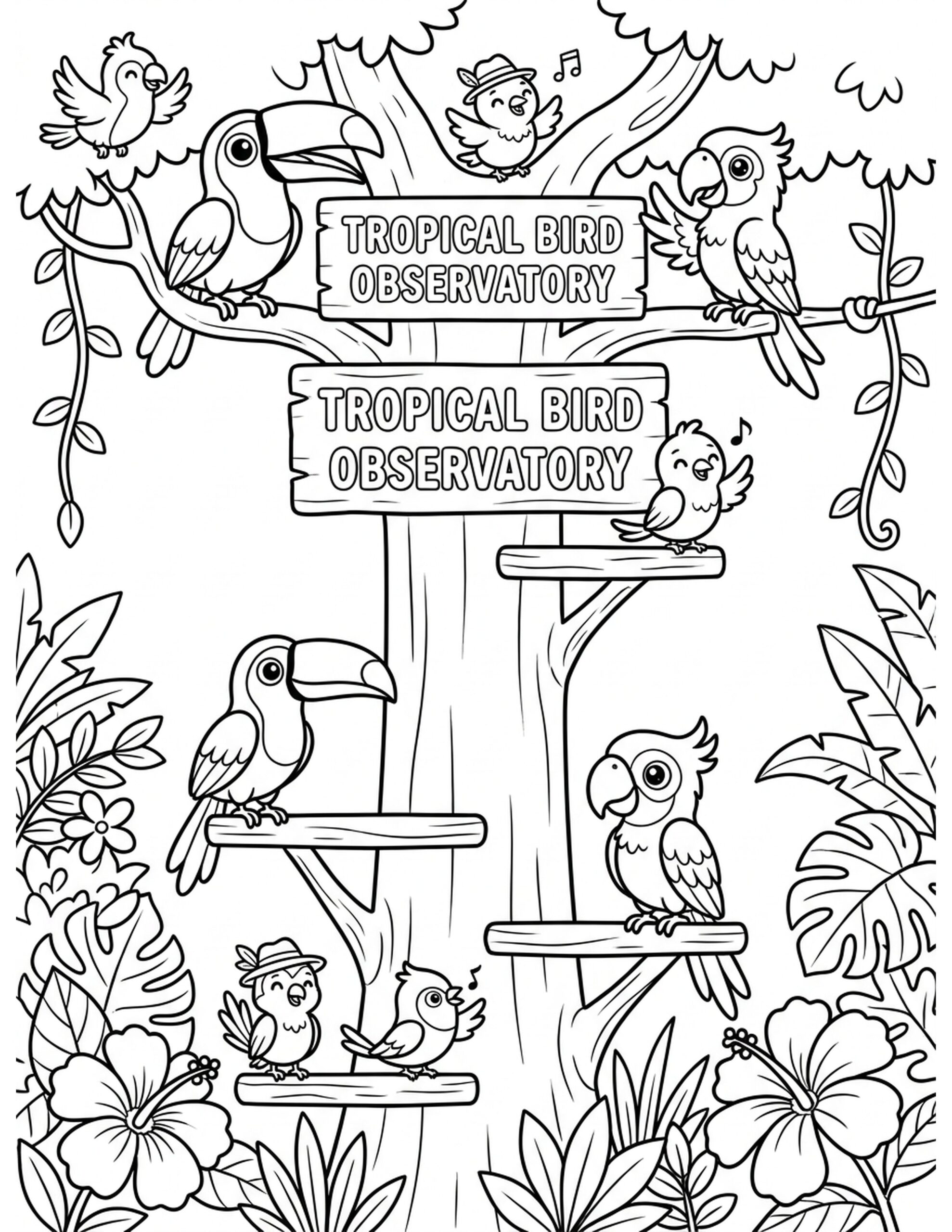Tropical Bird Observatory Coloring Page