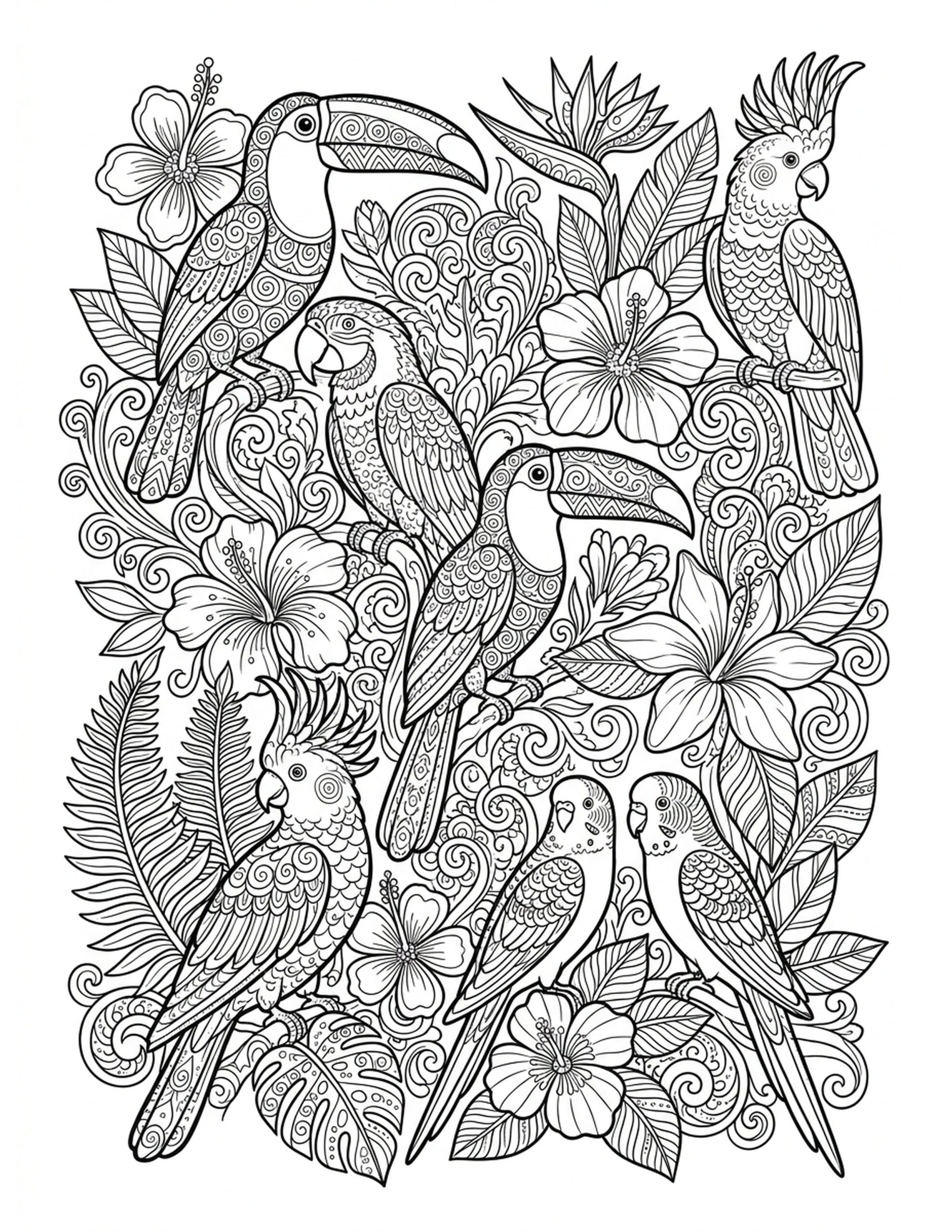 Exotic Bird Collection Coloring Page