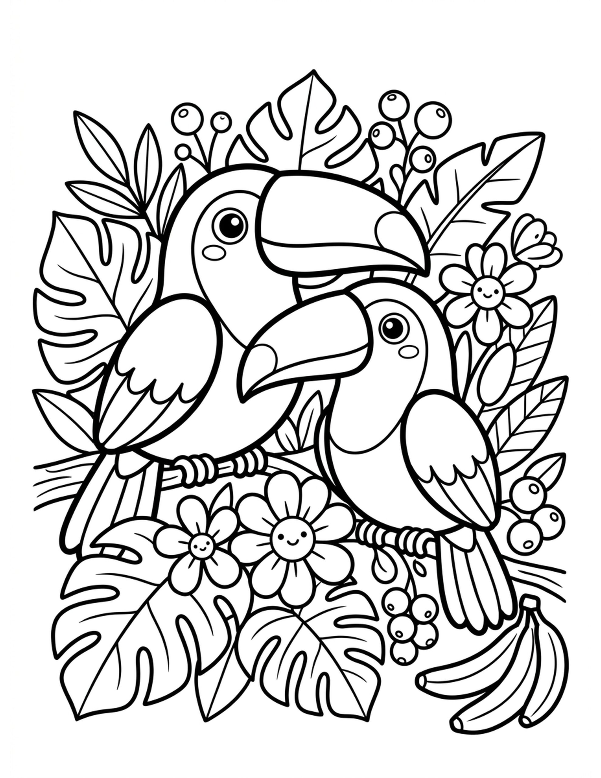 Toucans Among the Leaves Coloring Page