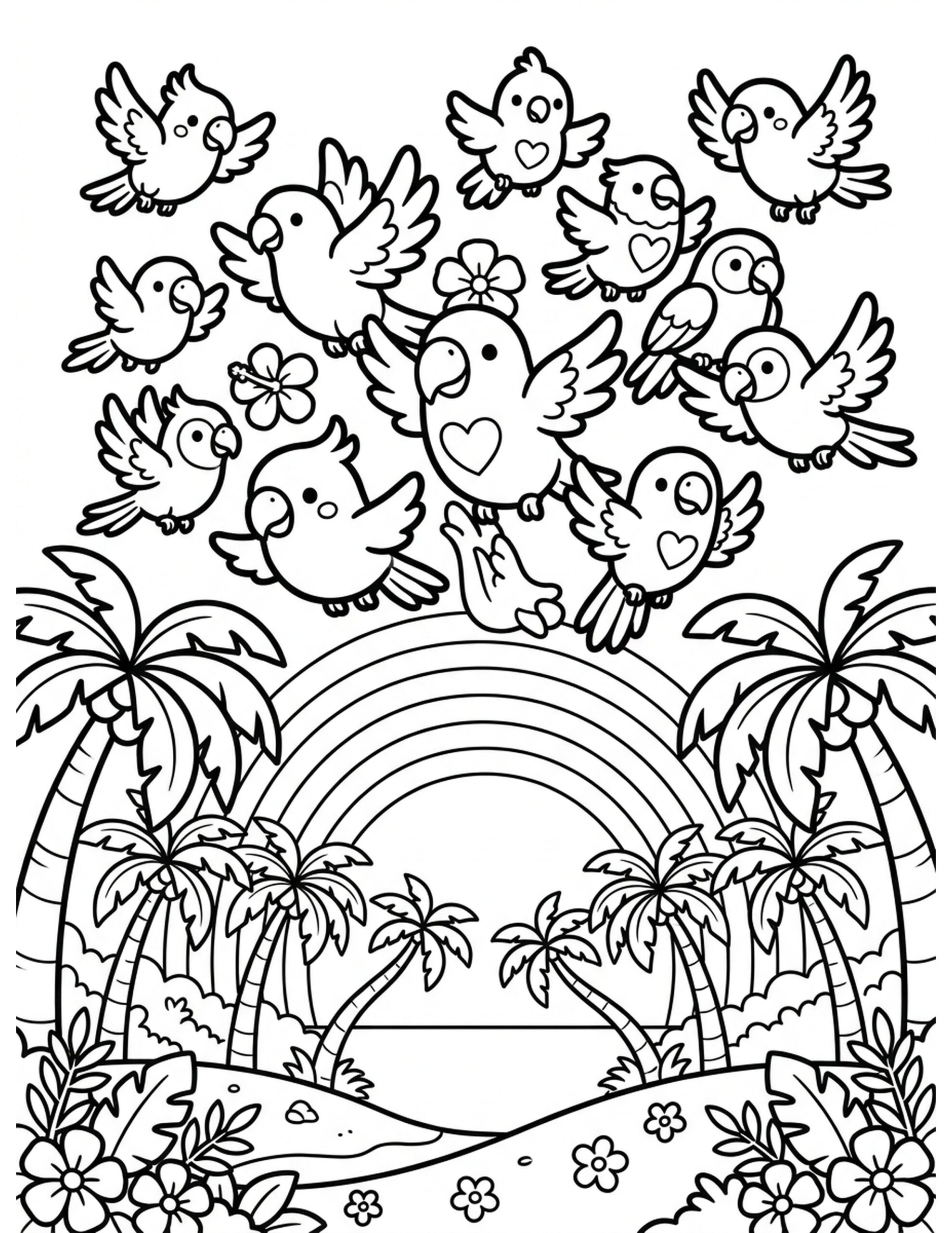 Parrots in Paradise Coloring Page