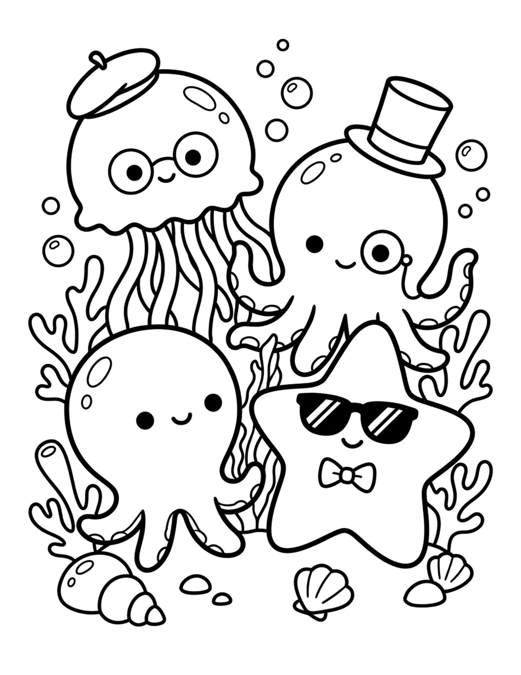 Whimsical Sea Creatures Coloring Page