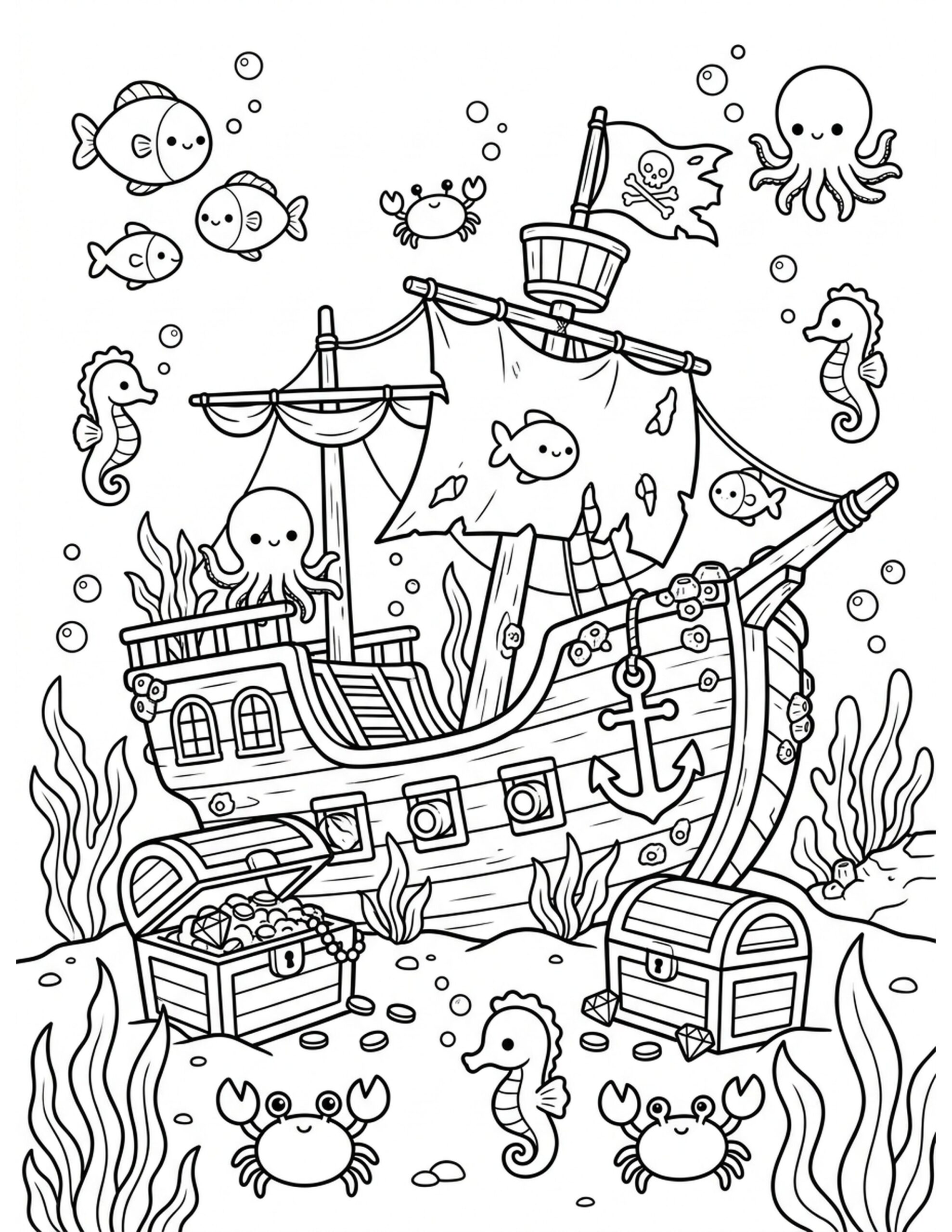 Sunken Pirate Ship Coloring Page