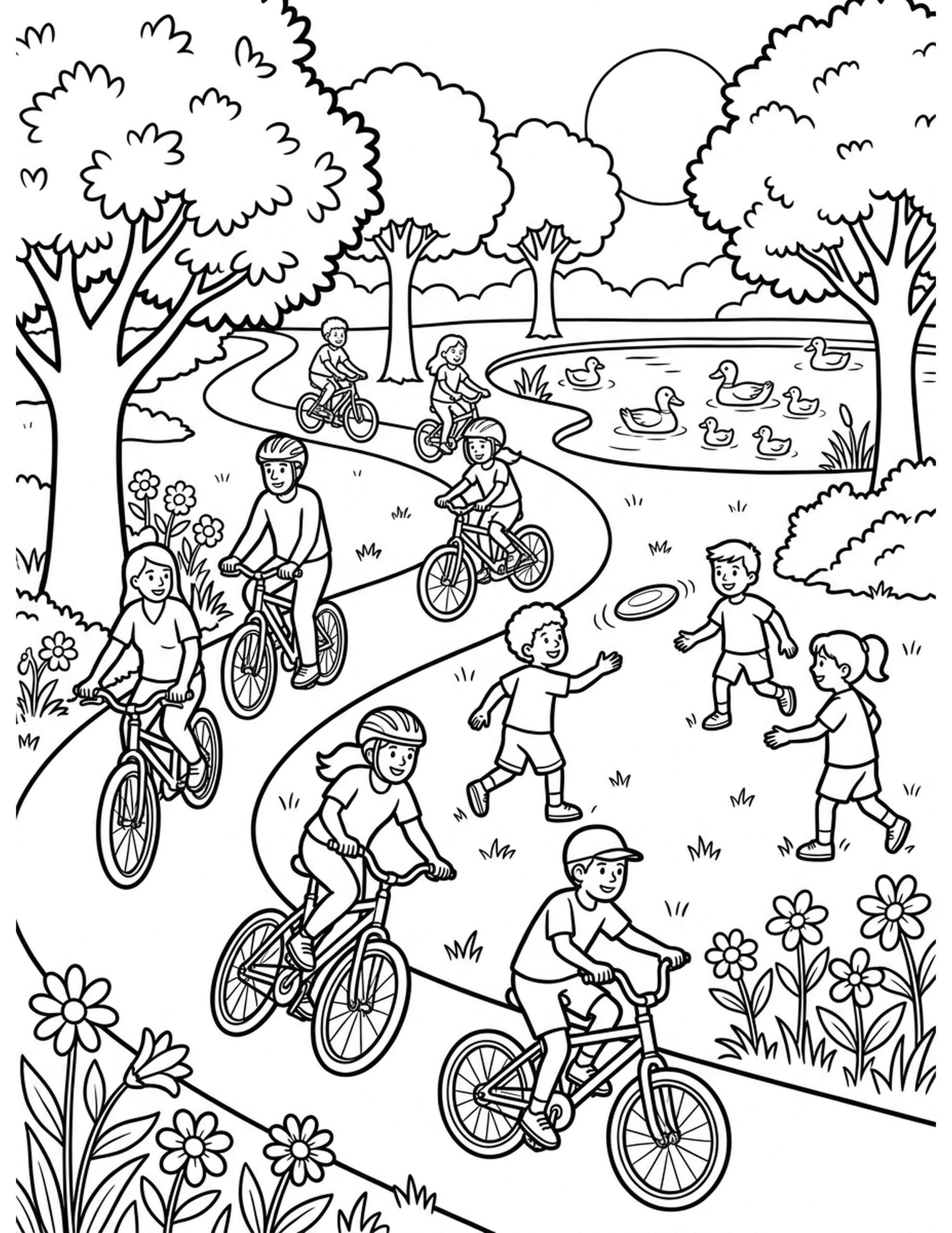 Bicycles in the Park Coloring Page