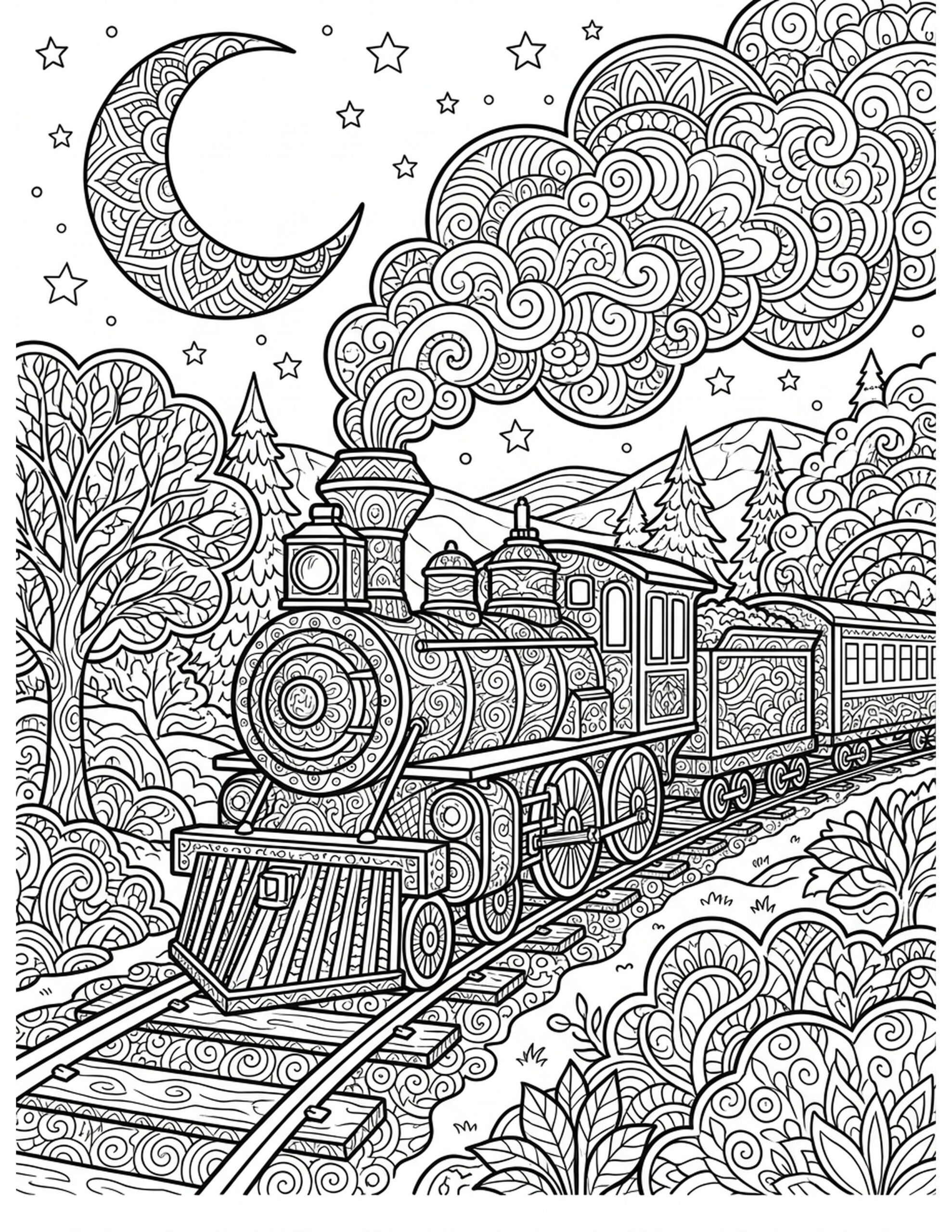 Train Under the Moonlight Coloring Page