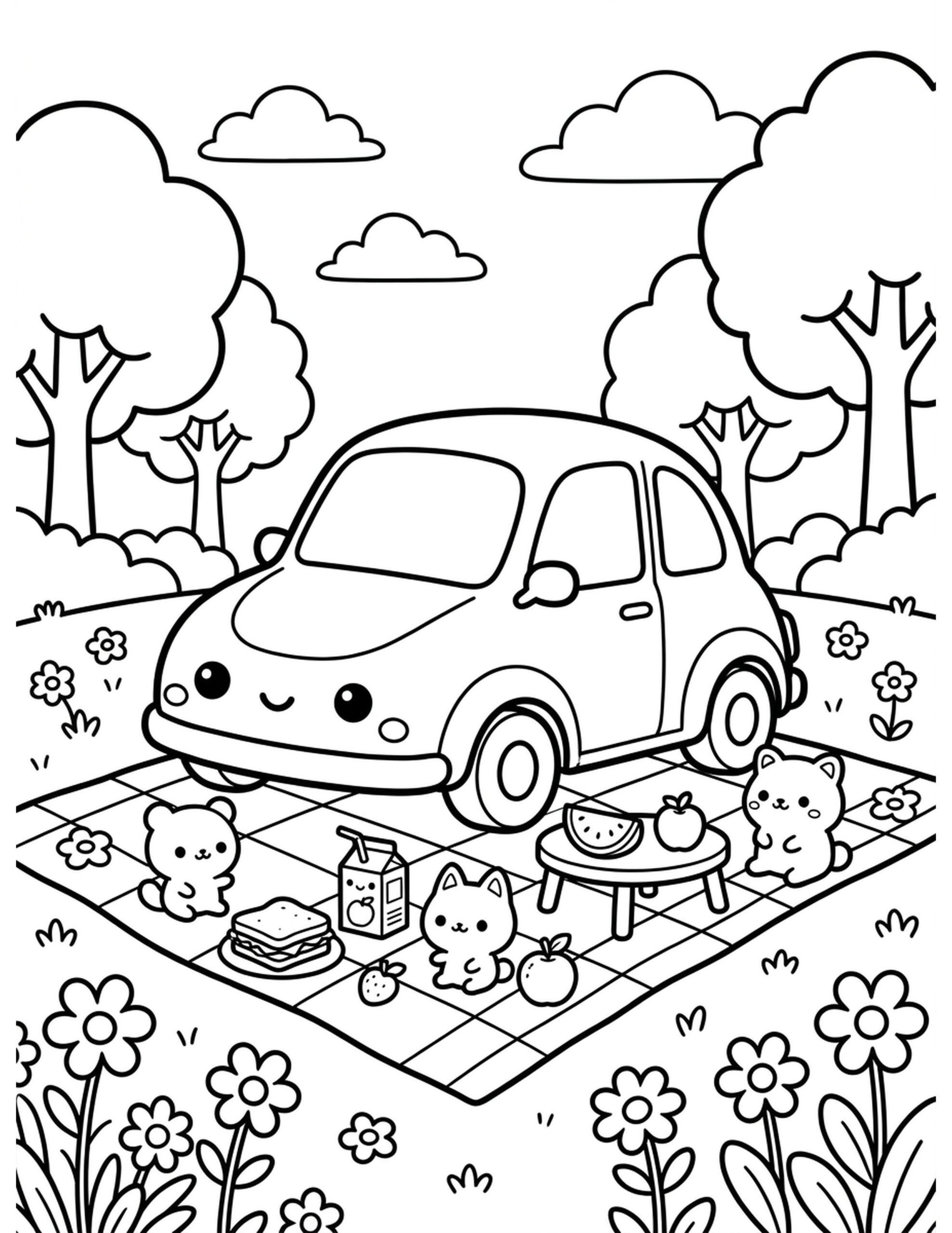 Kawaii Car Picnic Coloring Page