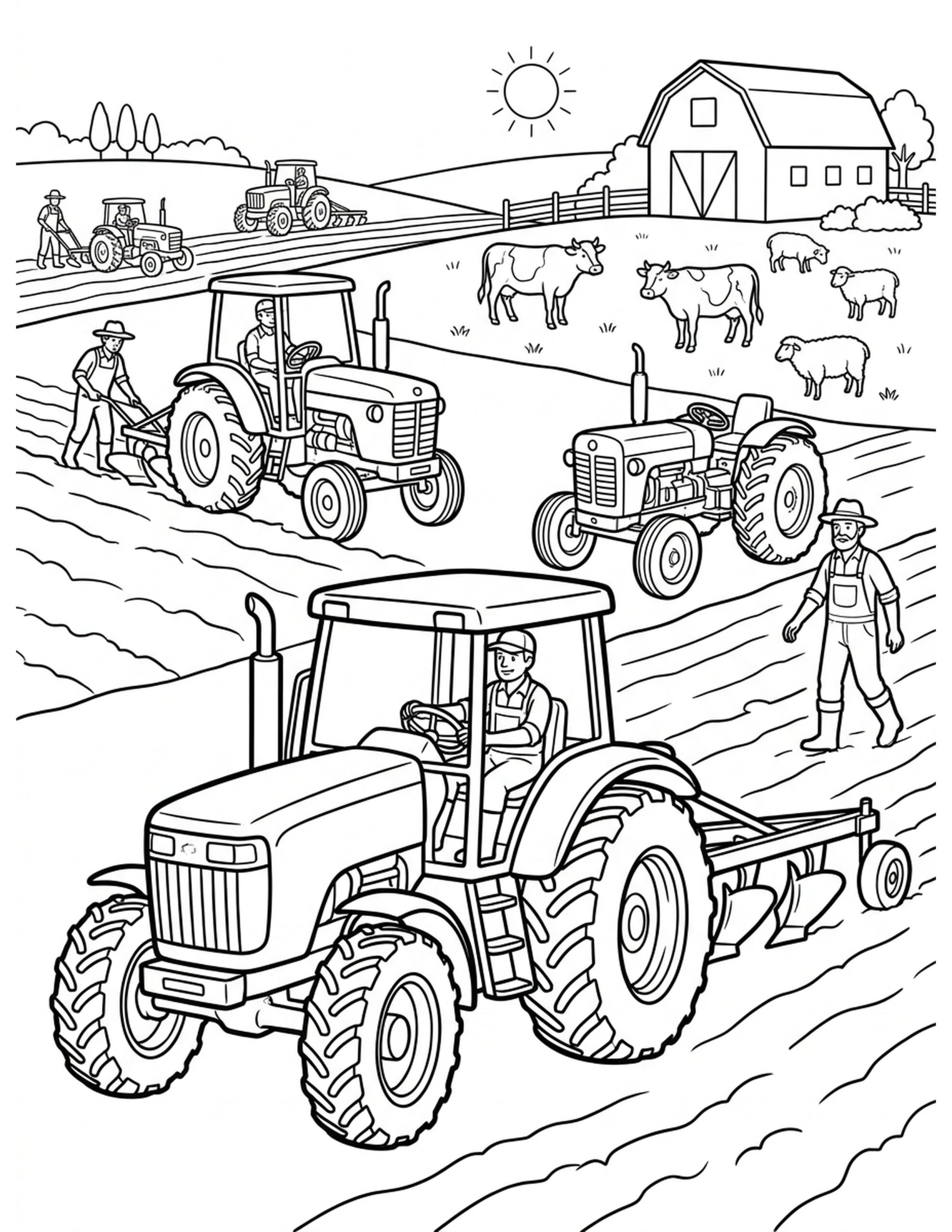 Tractors in the Field Coloring Page
