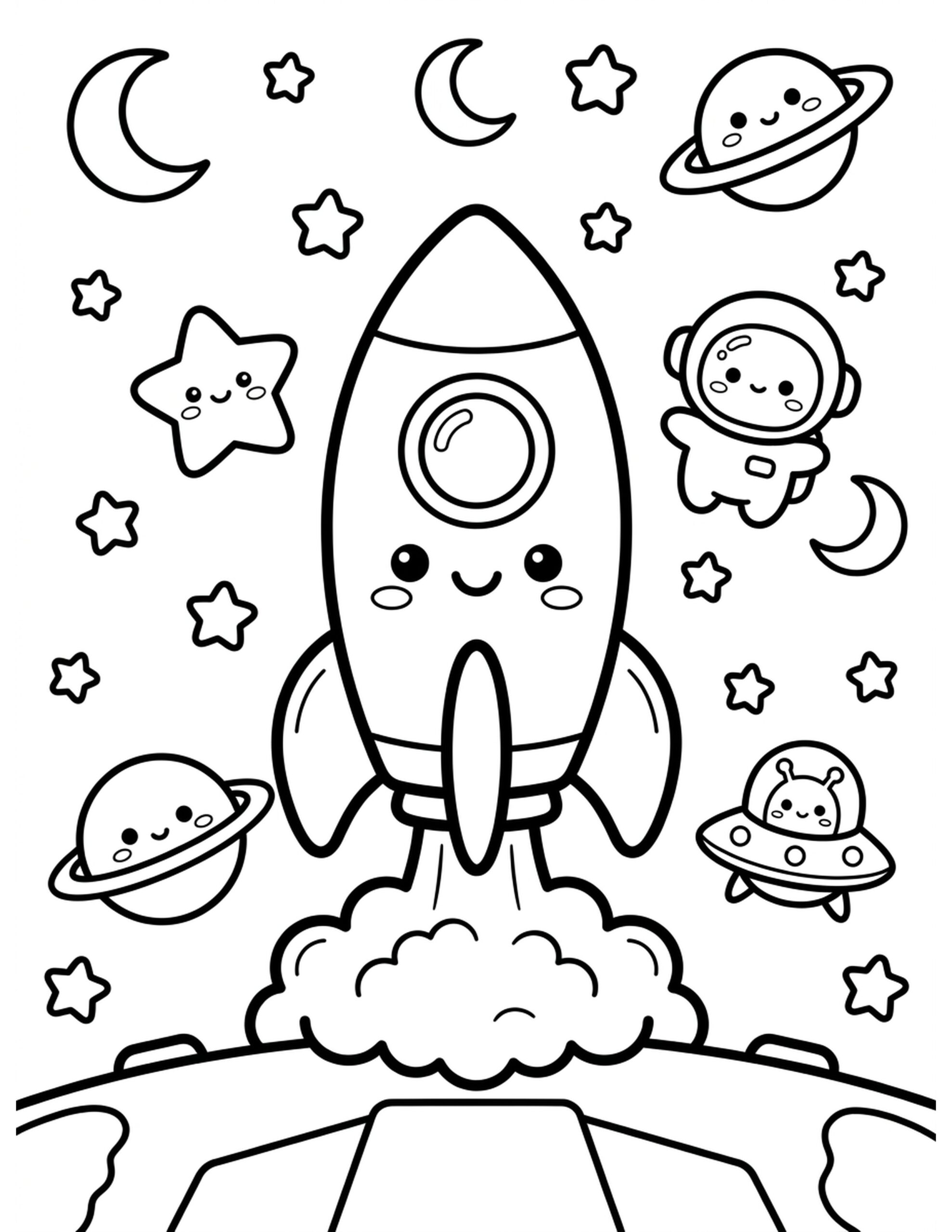 Kawaii Rocket Launch Coloring Page