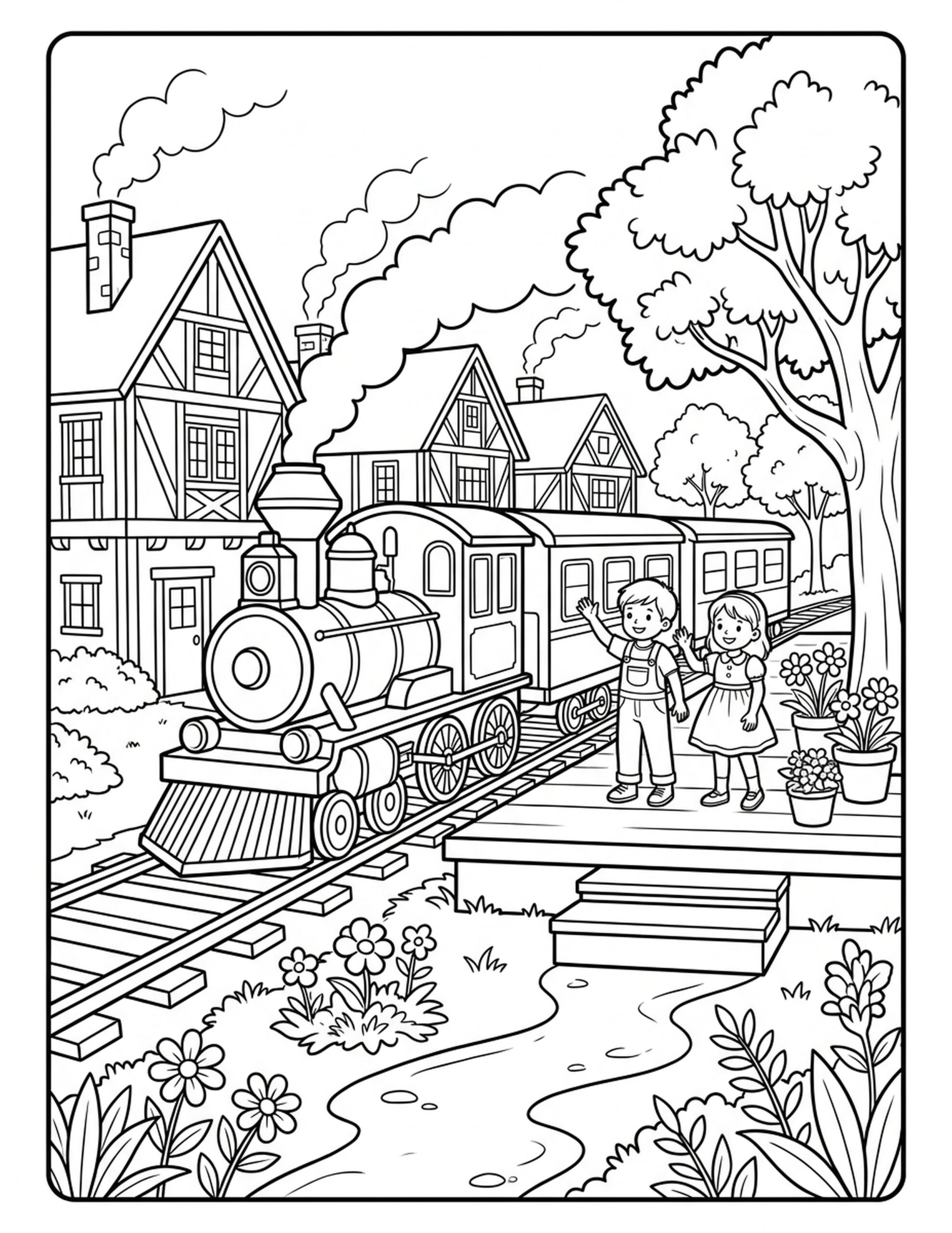 Train Passing Through a Scenic Village Coloring Page