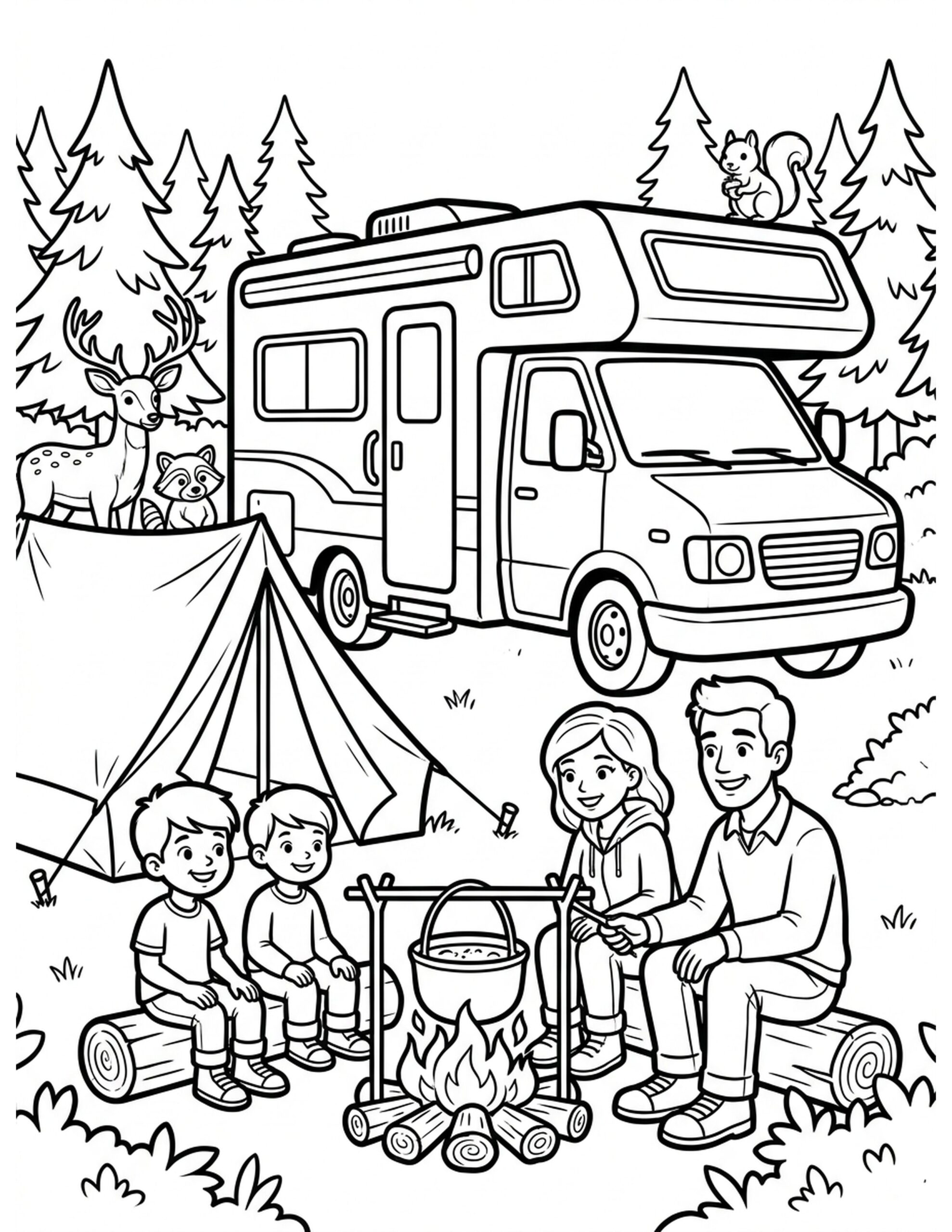 Camping Trip with RV Coloring Page