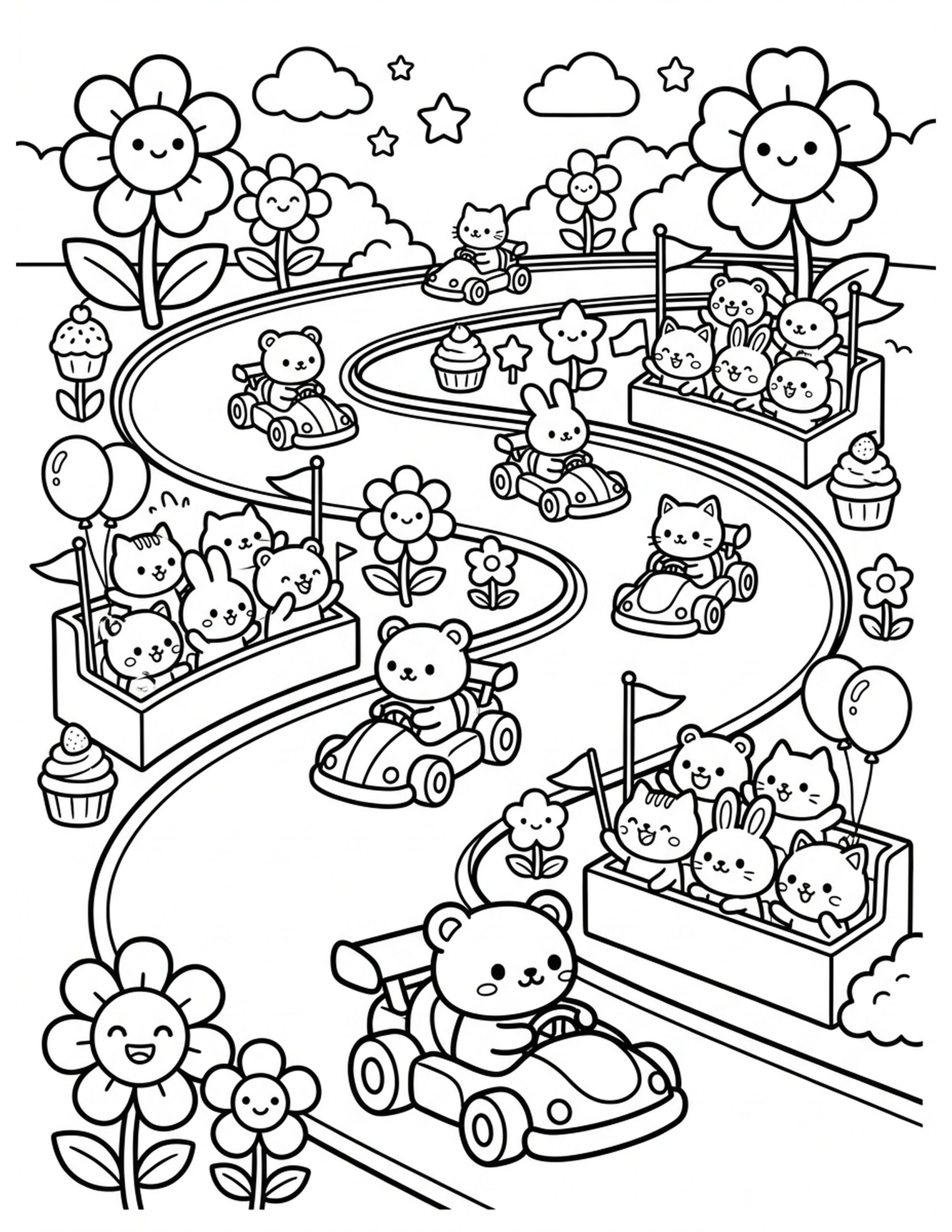 Kawaii Race Course with Go-Karts Coloring Page