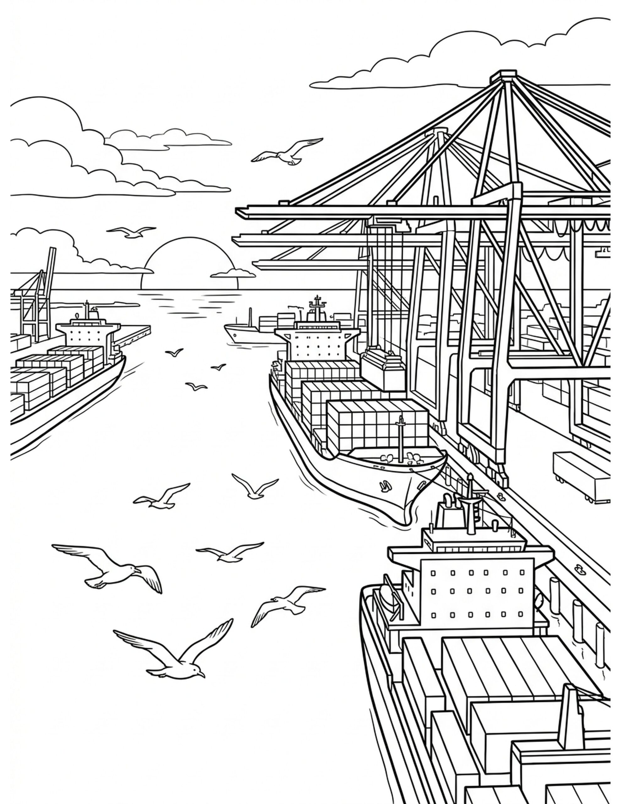 Shipping Harbor with Cargo Ships Coloring Page