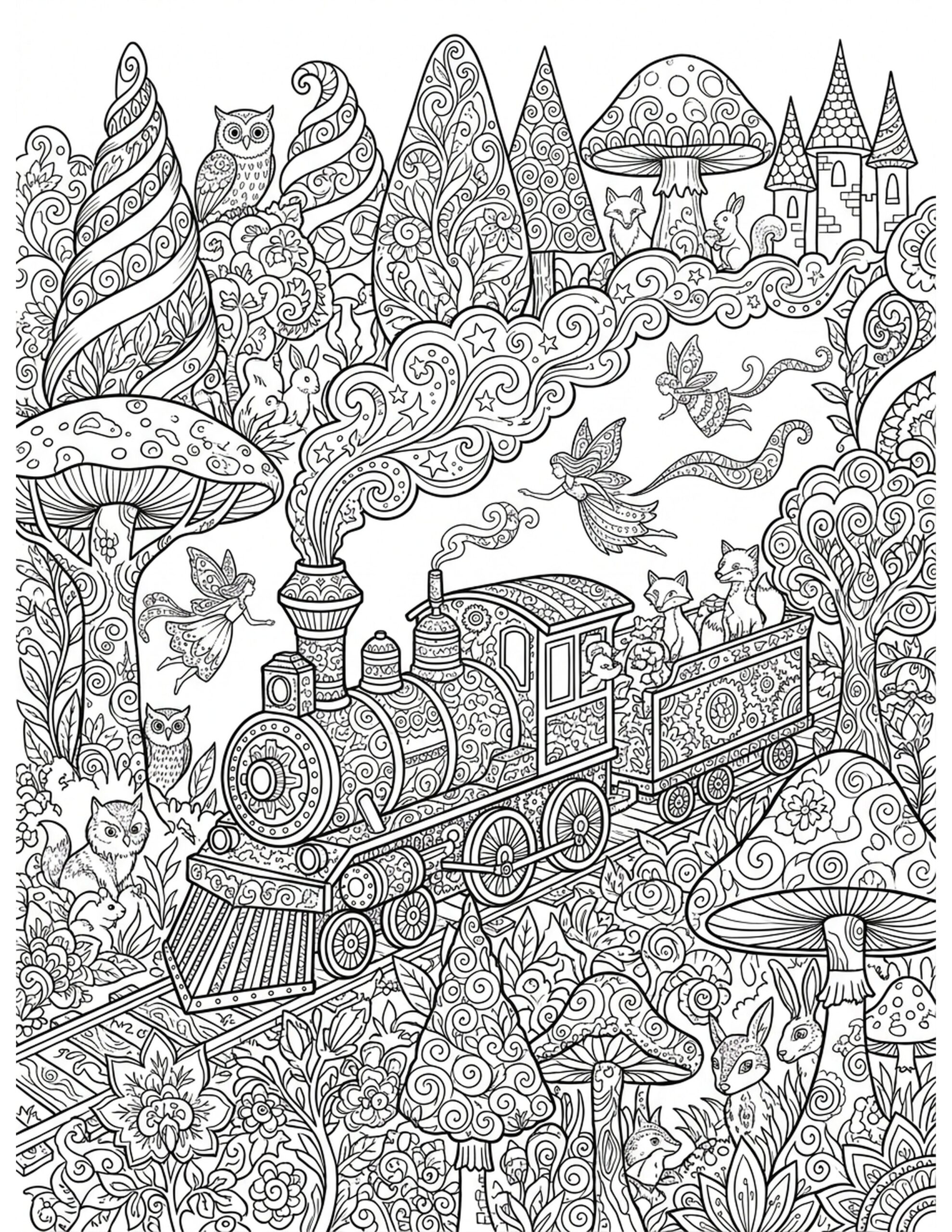 Magical Train Adventure Coloring Page