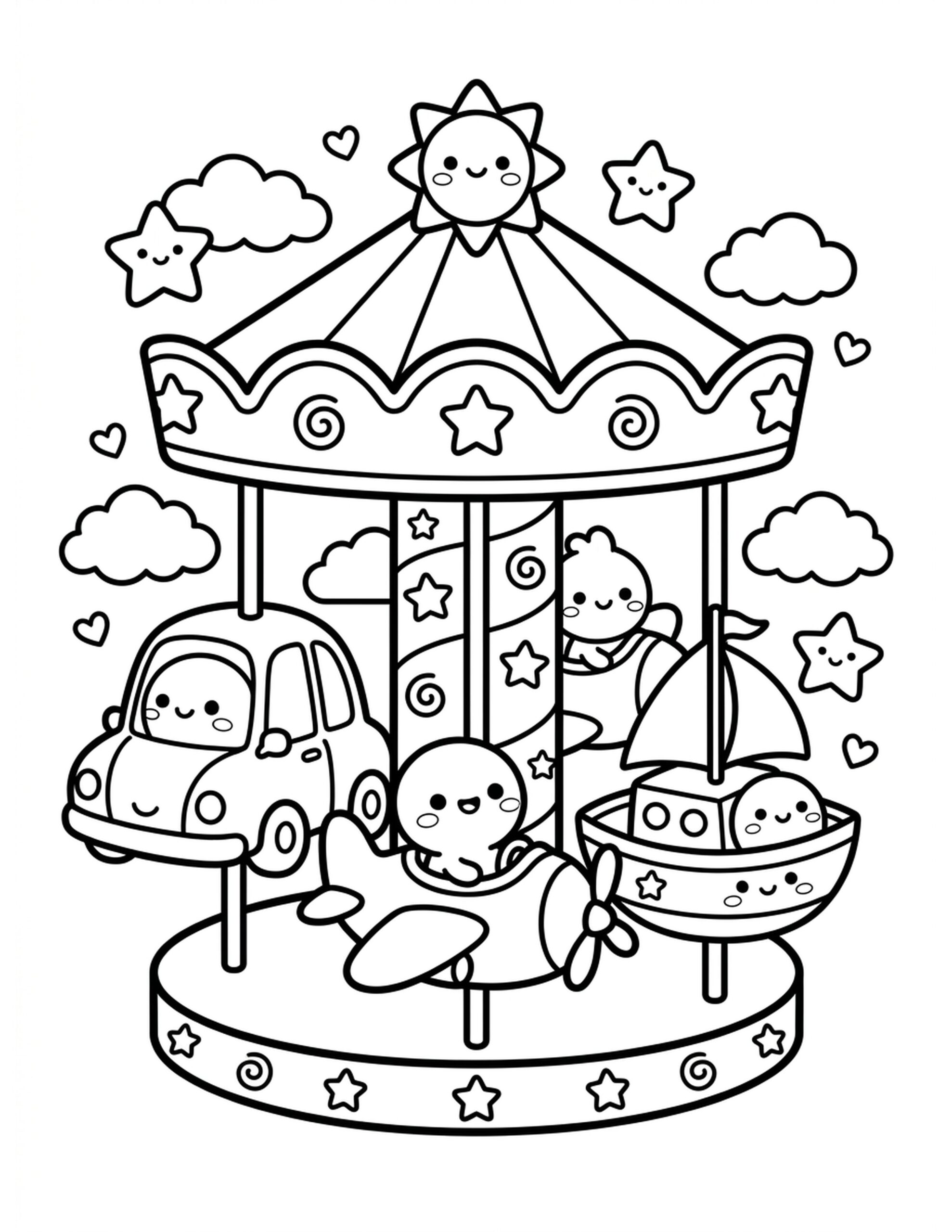 Kawaii Carousel with Vehicles Coloring Page