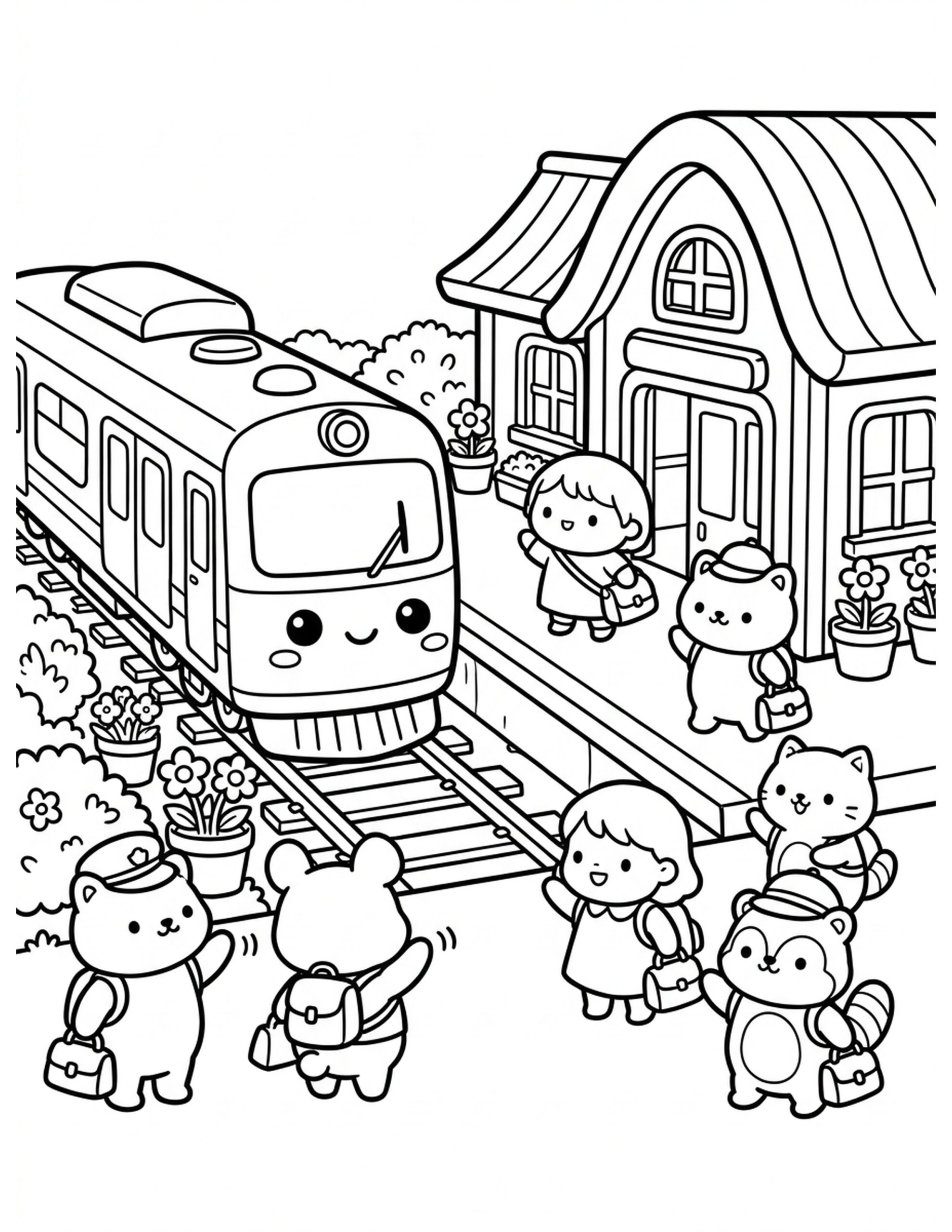 Cute Kawaii Train Station Coloring Page
