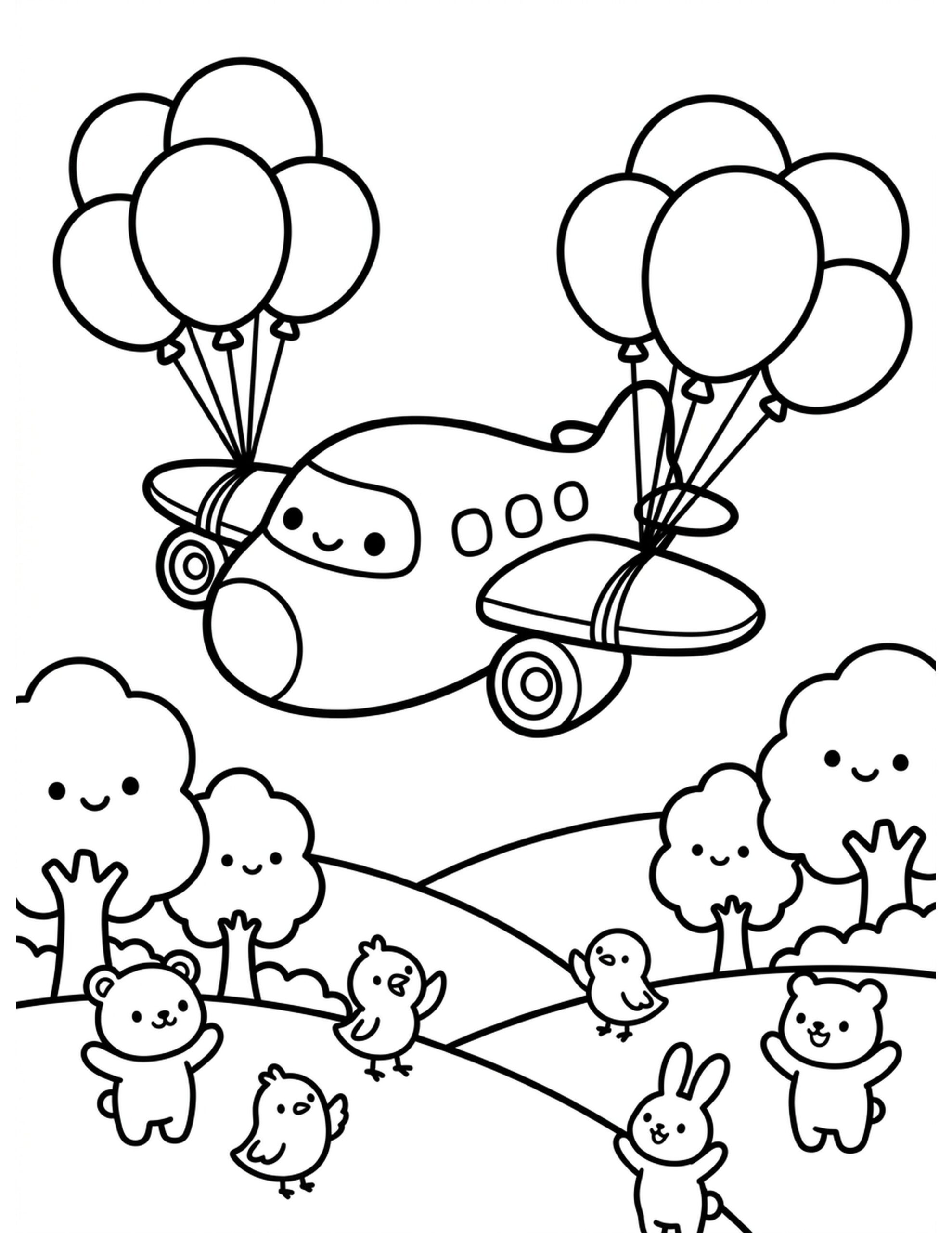 Kawaii Balloon Airplane Coloring Page