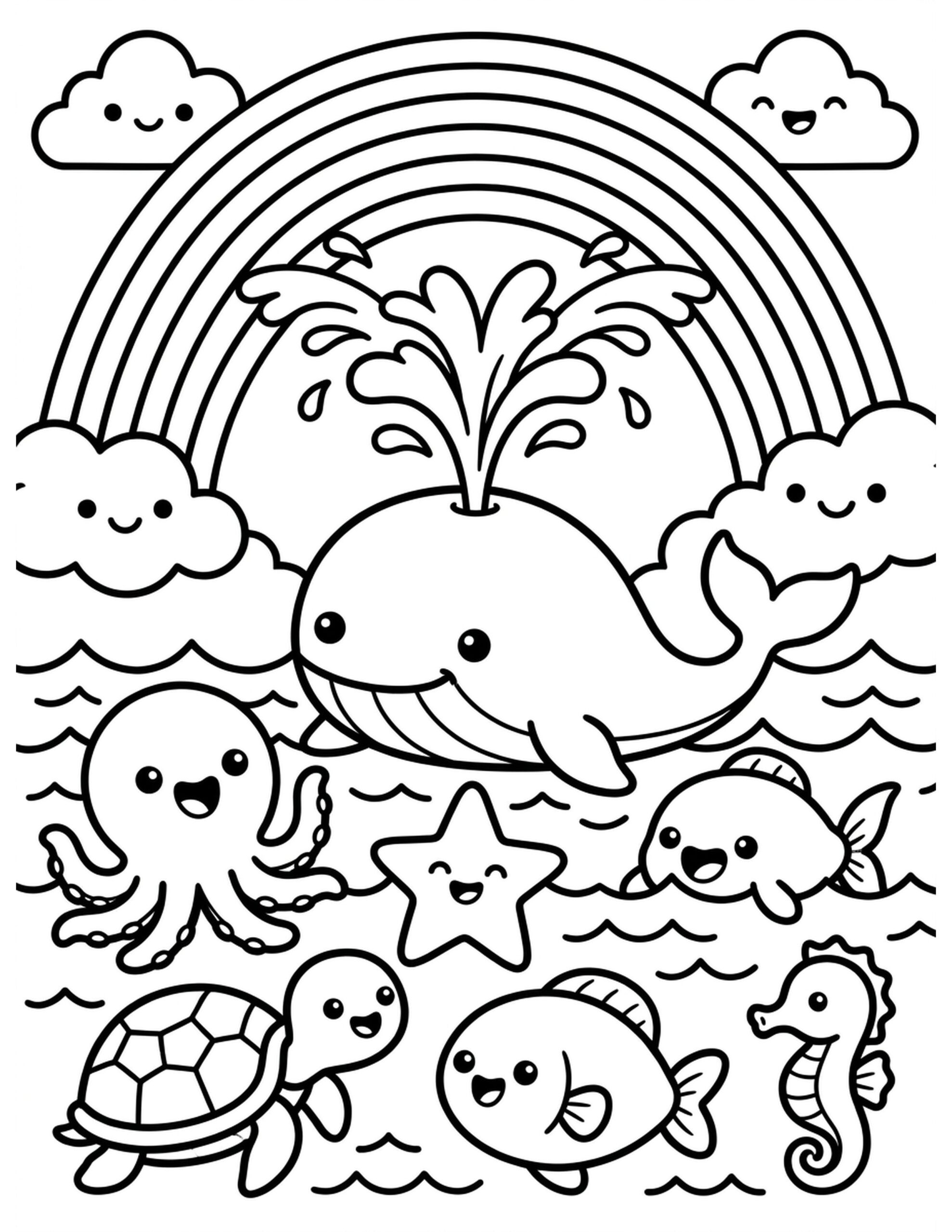 **Whale Spouts and Rainbows** Coloring Page