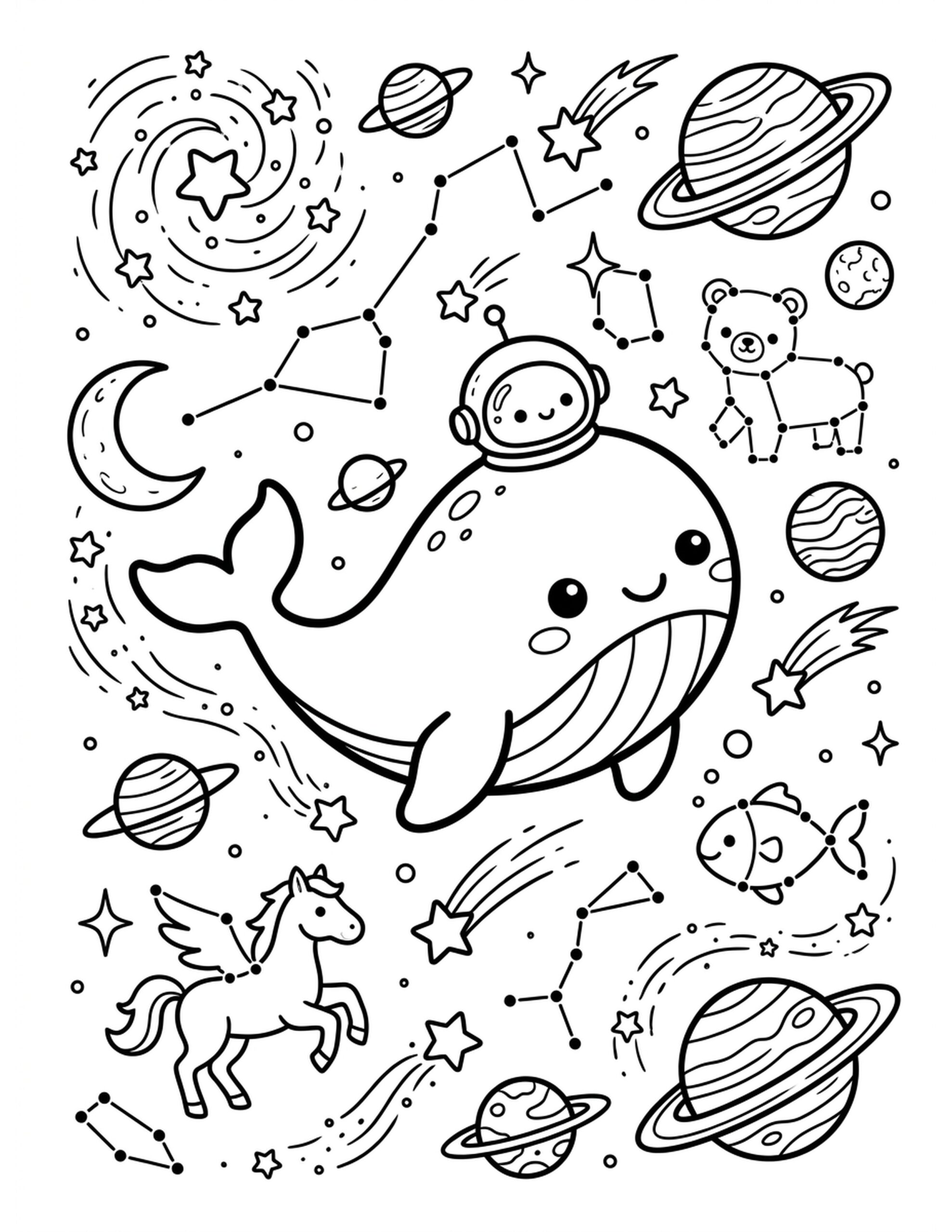 **Whale Navigating the Stars** Coloring Page