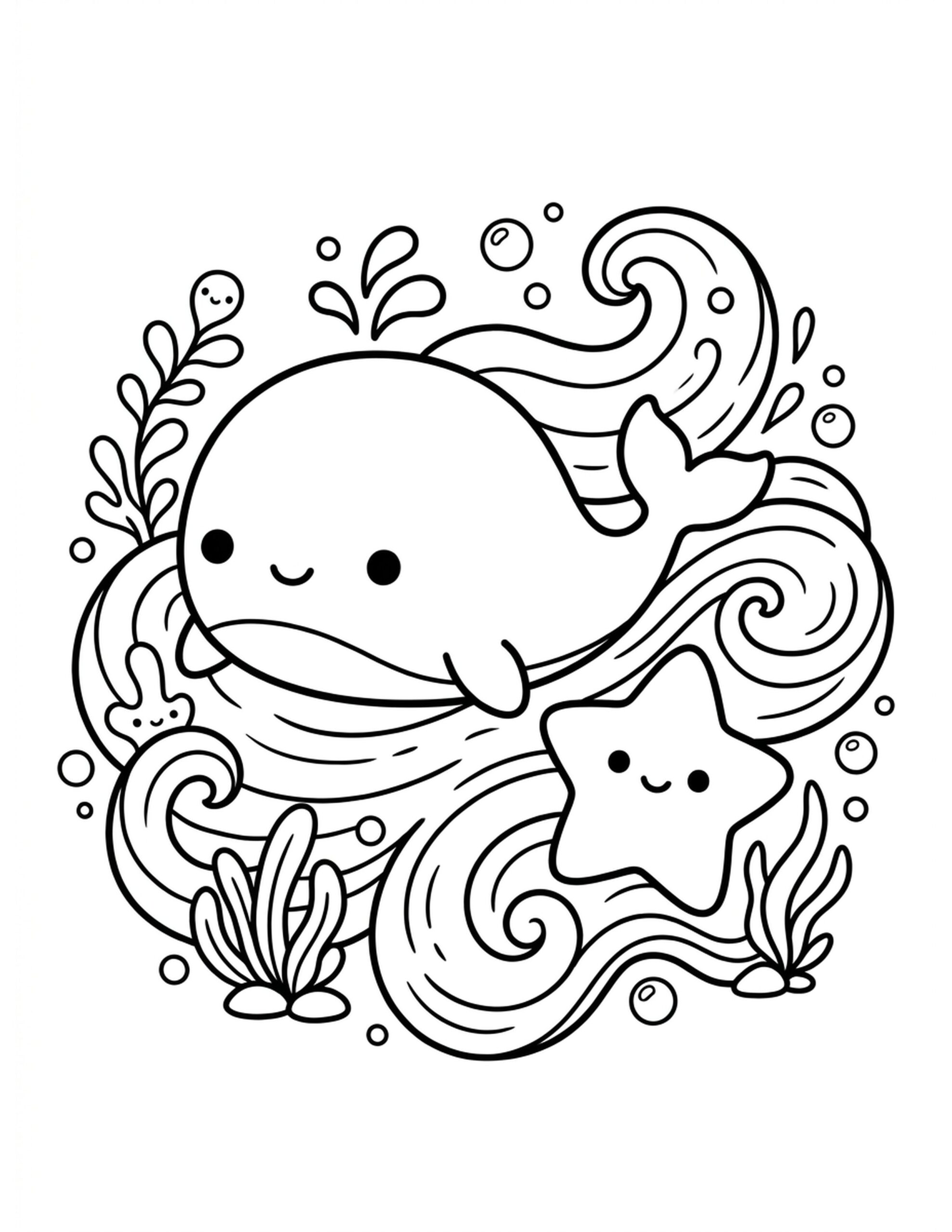 **Whale and Starfish Friends** Coloring Page