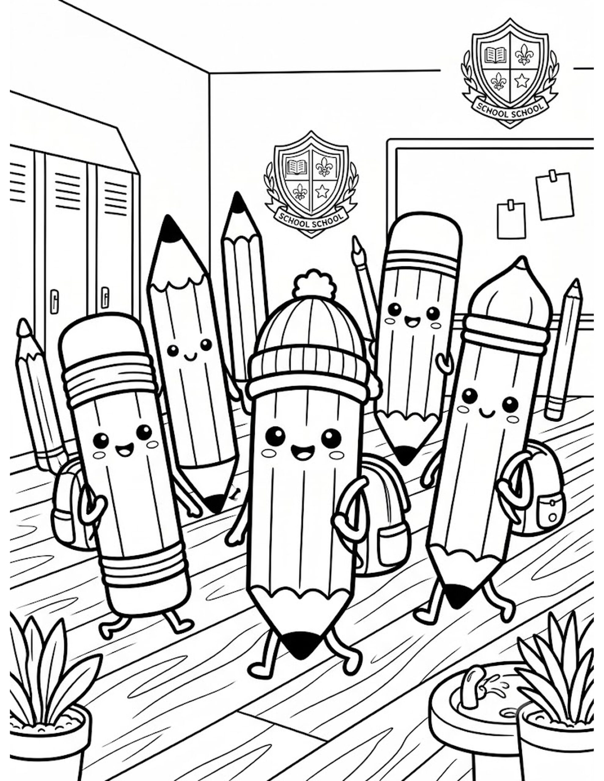 Kawaii Pencil Parade Coloring Page