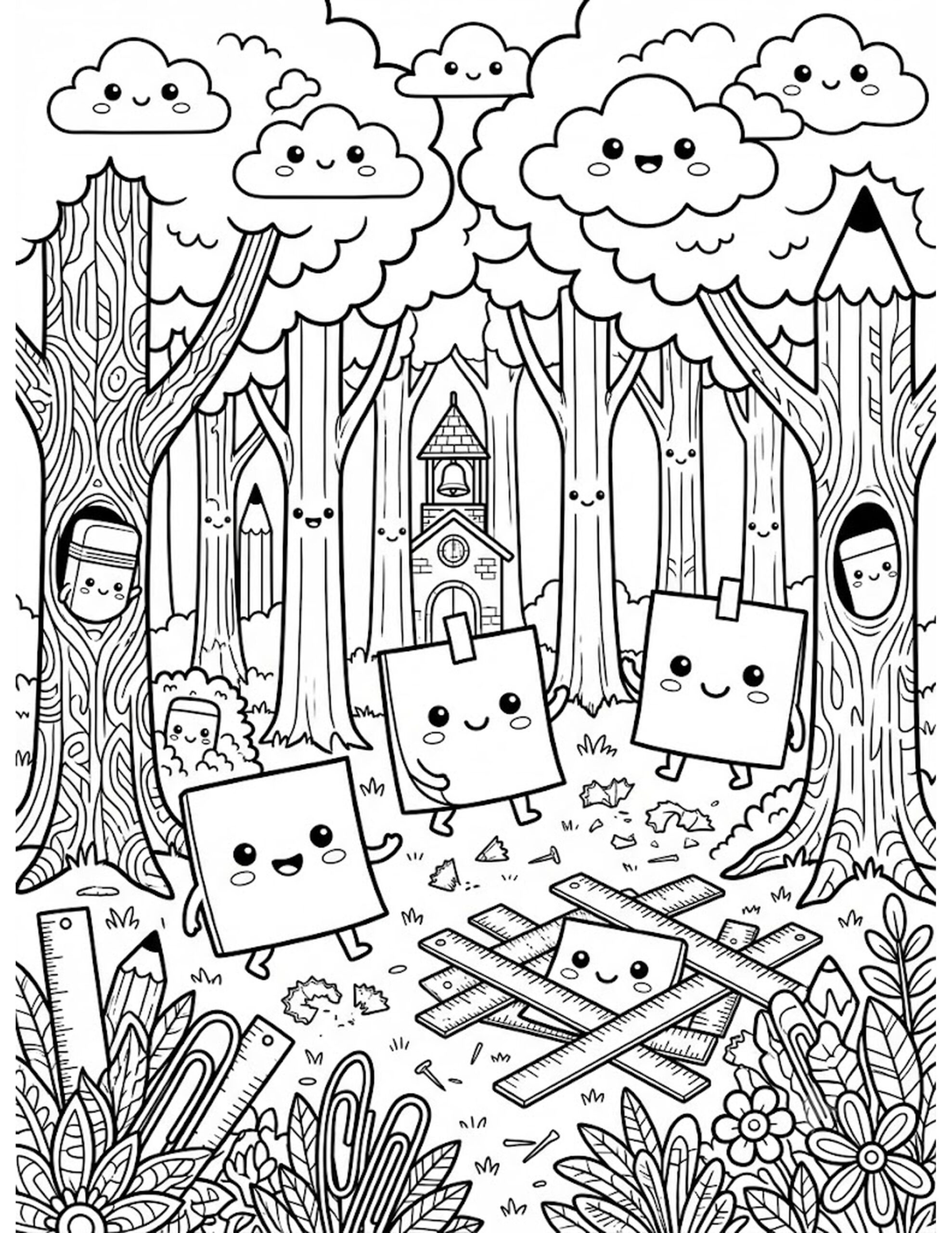 Playful Sticky Note Forest Coloring Page